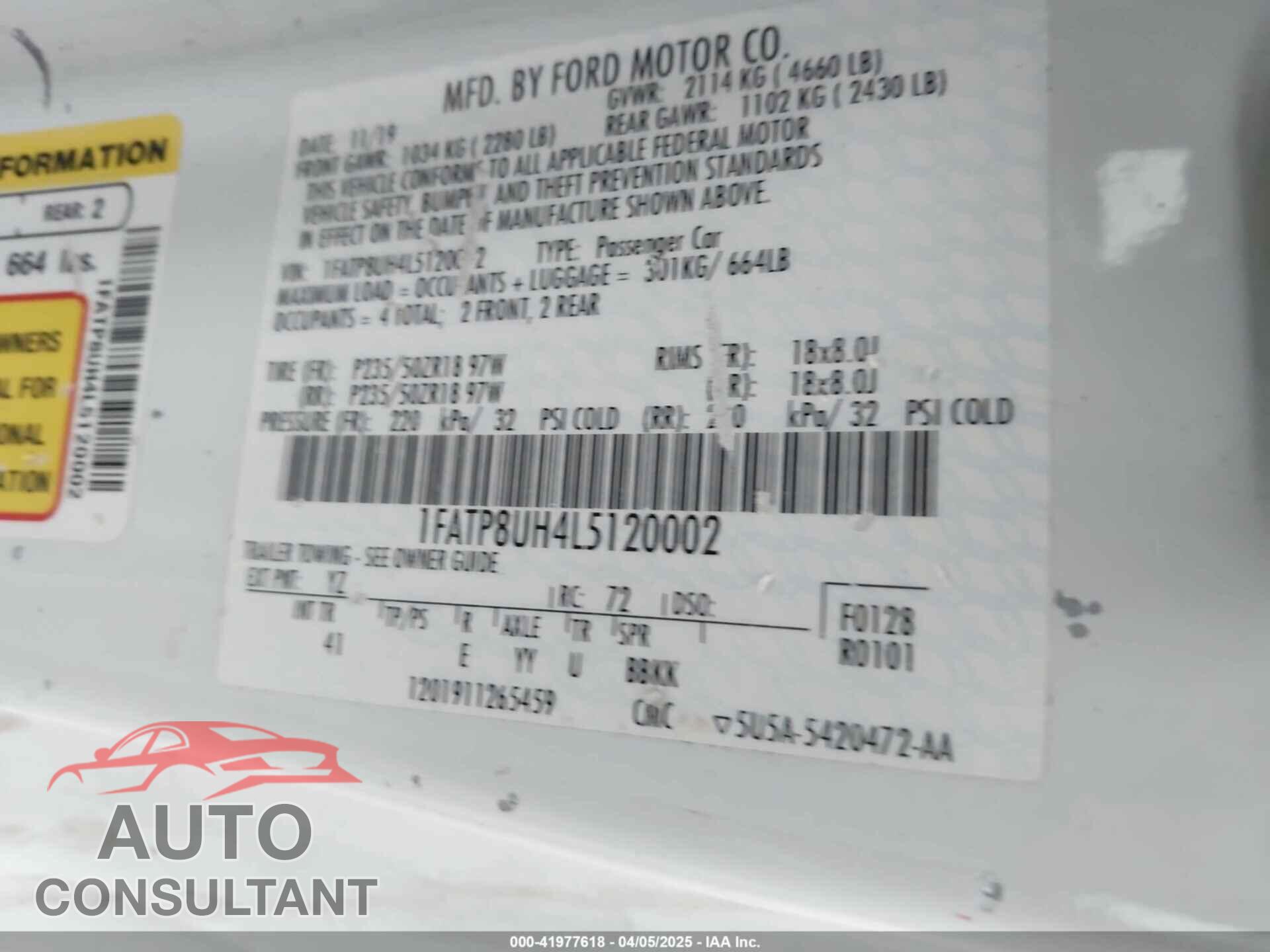 FORD MUSTANG 2020 - 1FATP8UH4L5120002