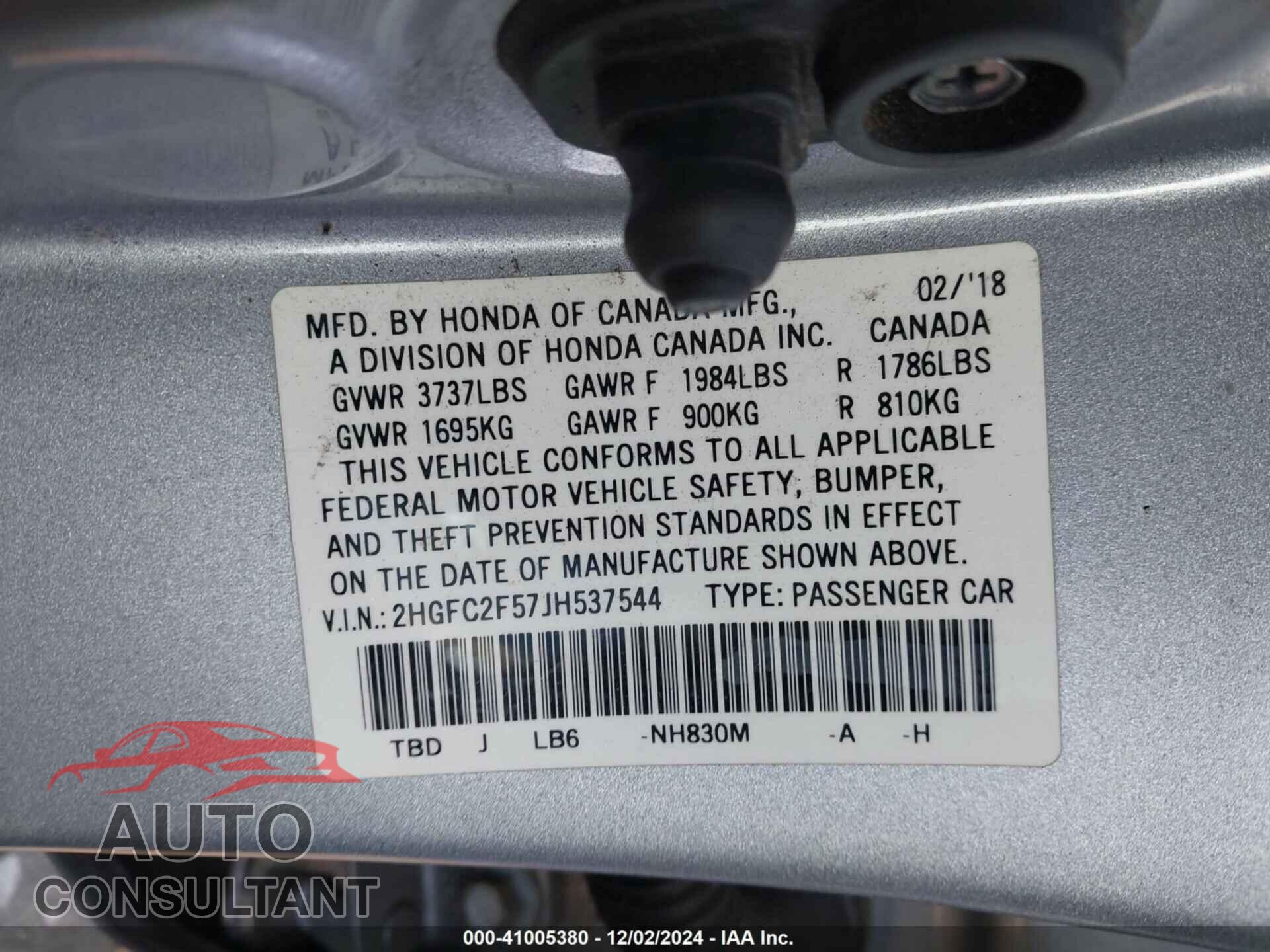 HONDA CIVIC 2018 - 2HGFC2F57JH537544