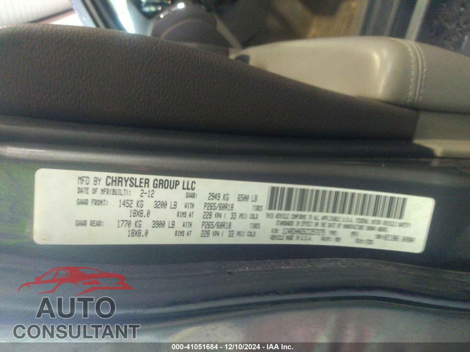 DODGE DURANGO 2012 - 1C4RDHAG5CC257275