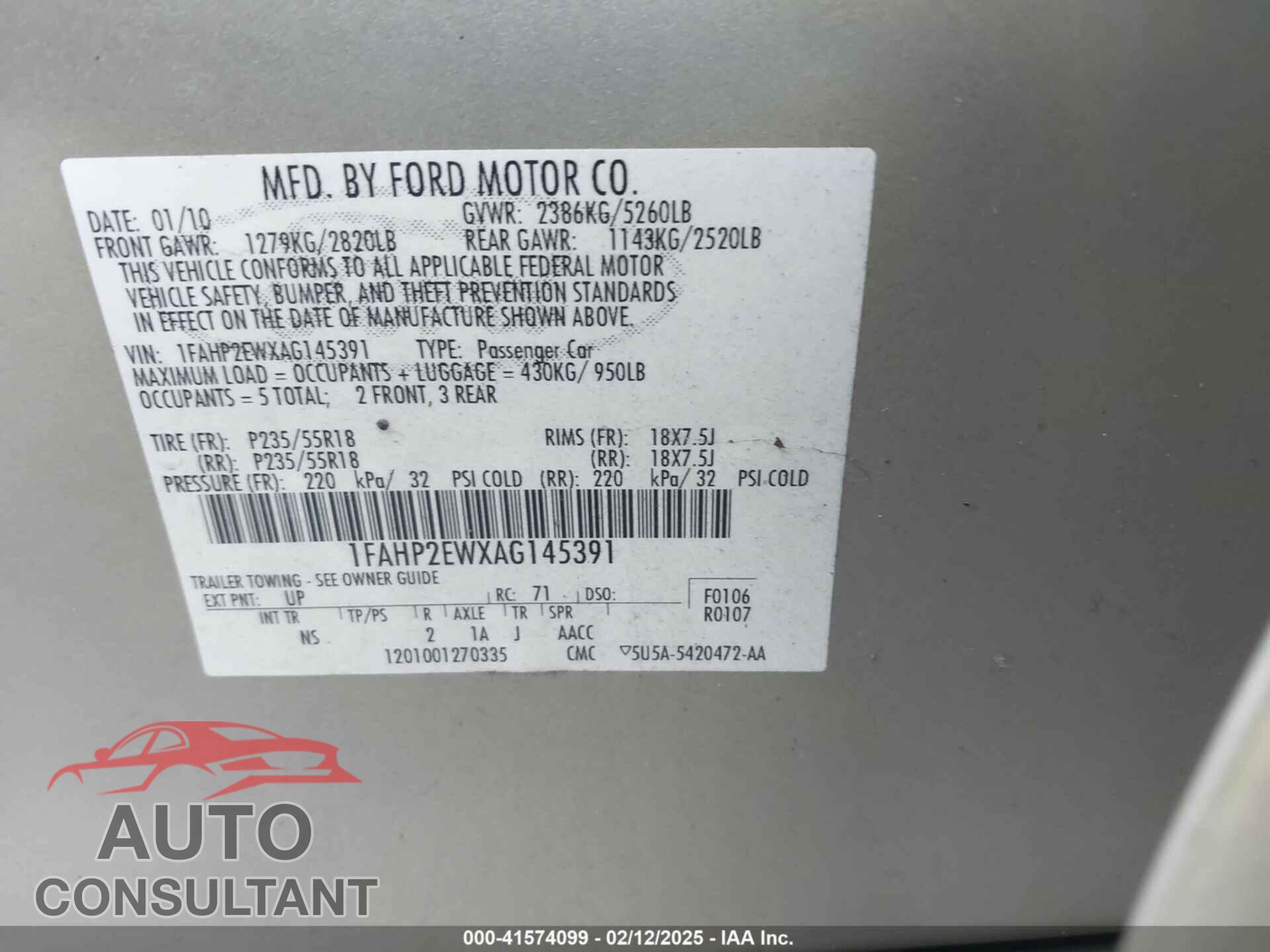 FORD TAURUS 2010 - 1FAHP2EWXAG145391