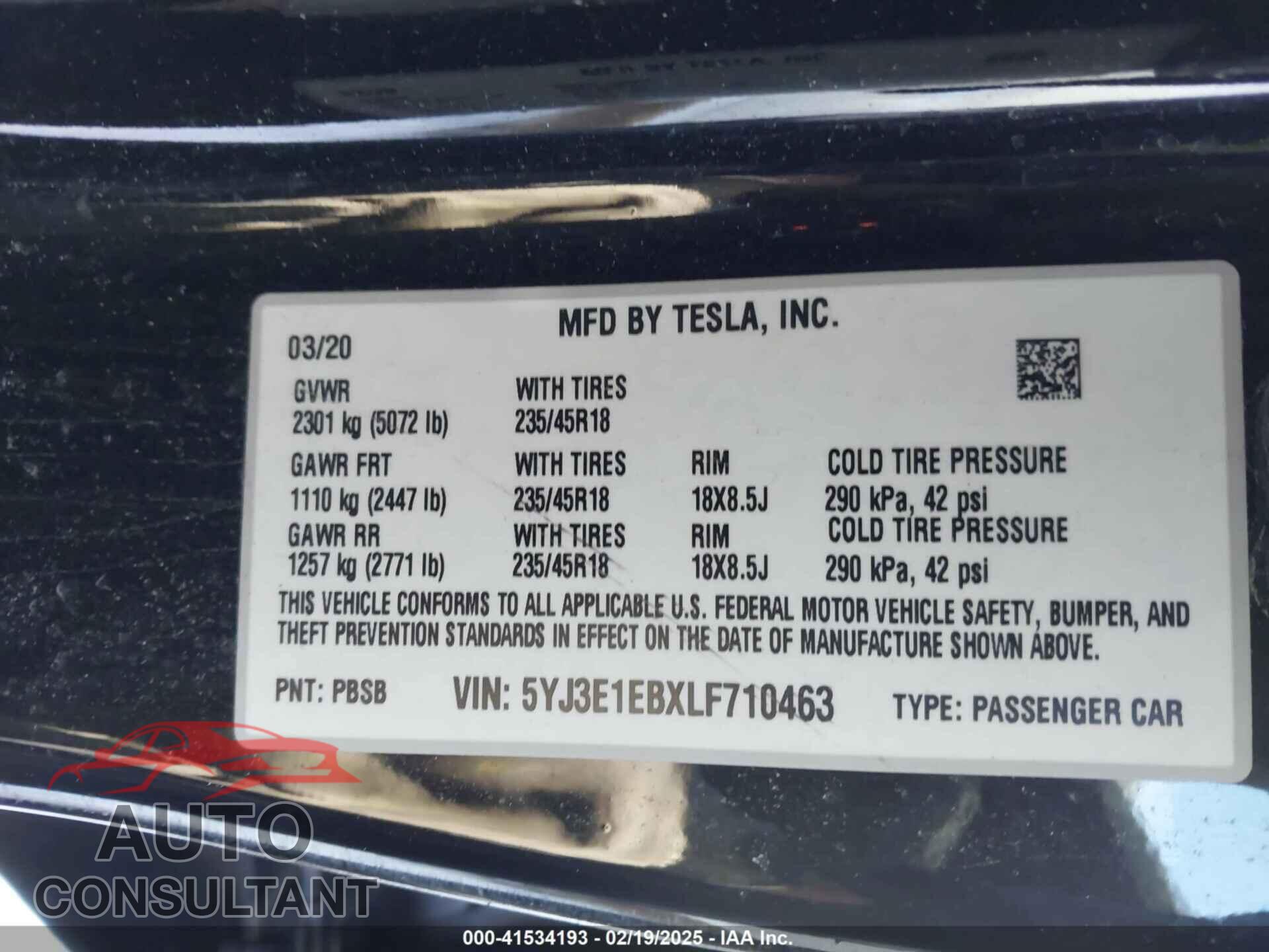 TESLA MODEL 3 2020 - 5YJ3E1EBXLF710463