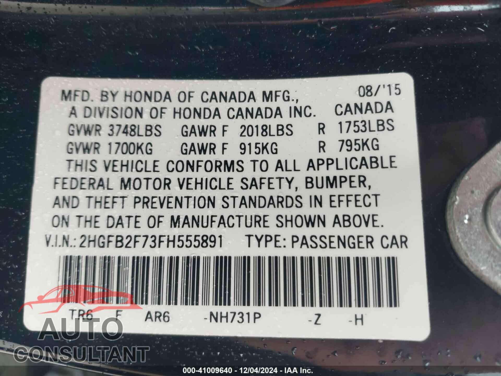 HONDA CIVIC 2015 - 2HGFB2F73FH555891