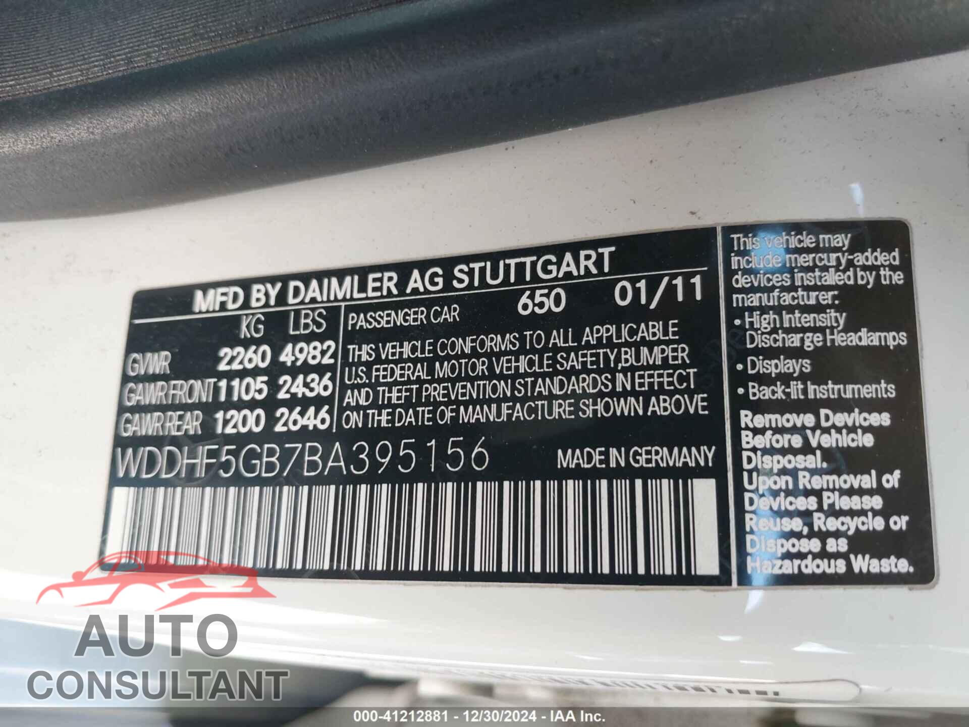 MERCEDES-BENZ E 2011 - WDDHF5GB7BA395156