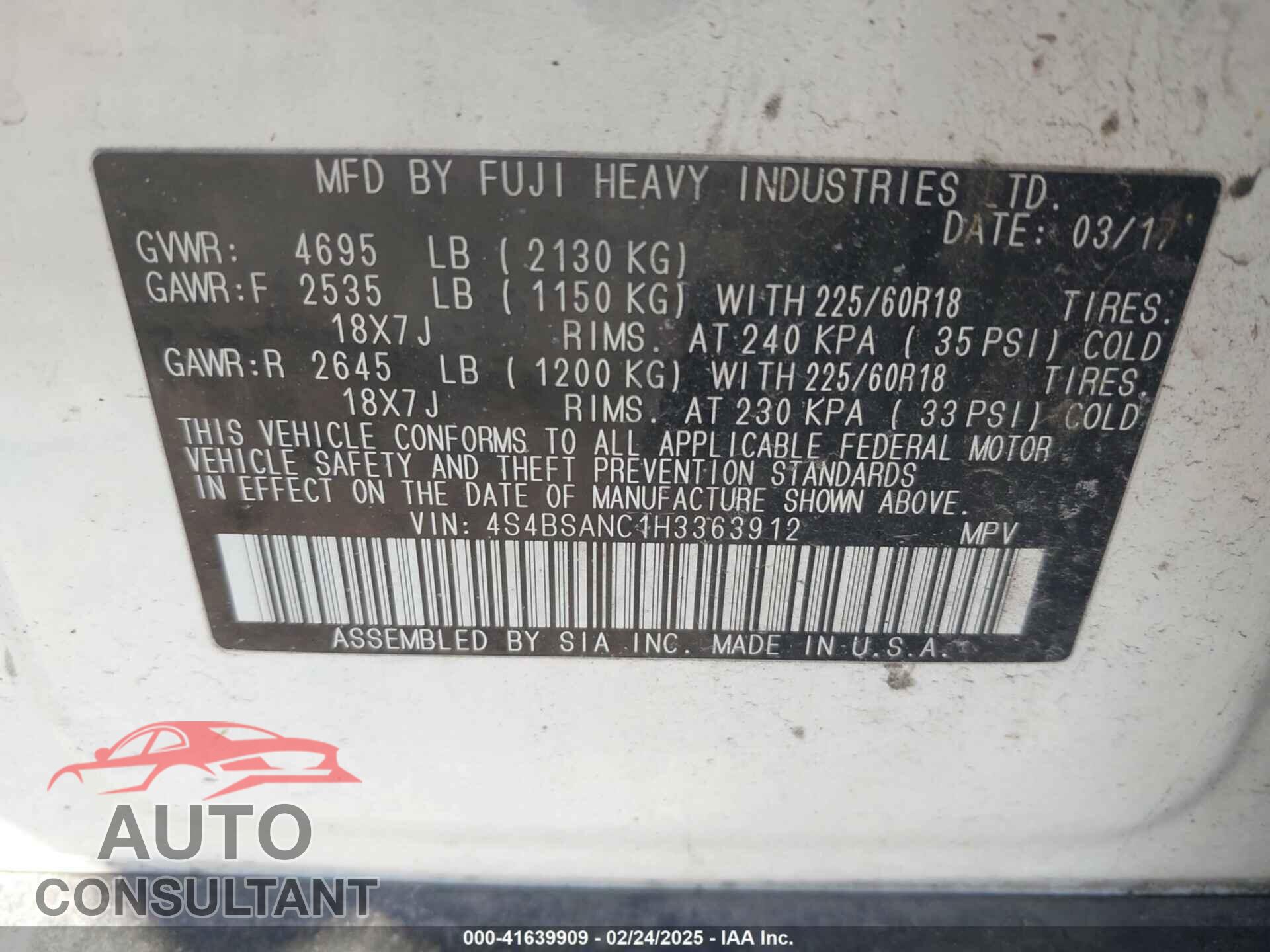 SUBARU OUTBACK 2017 - 4S4BSANC1H3363912