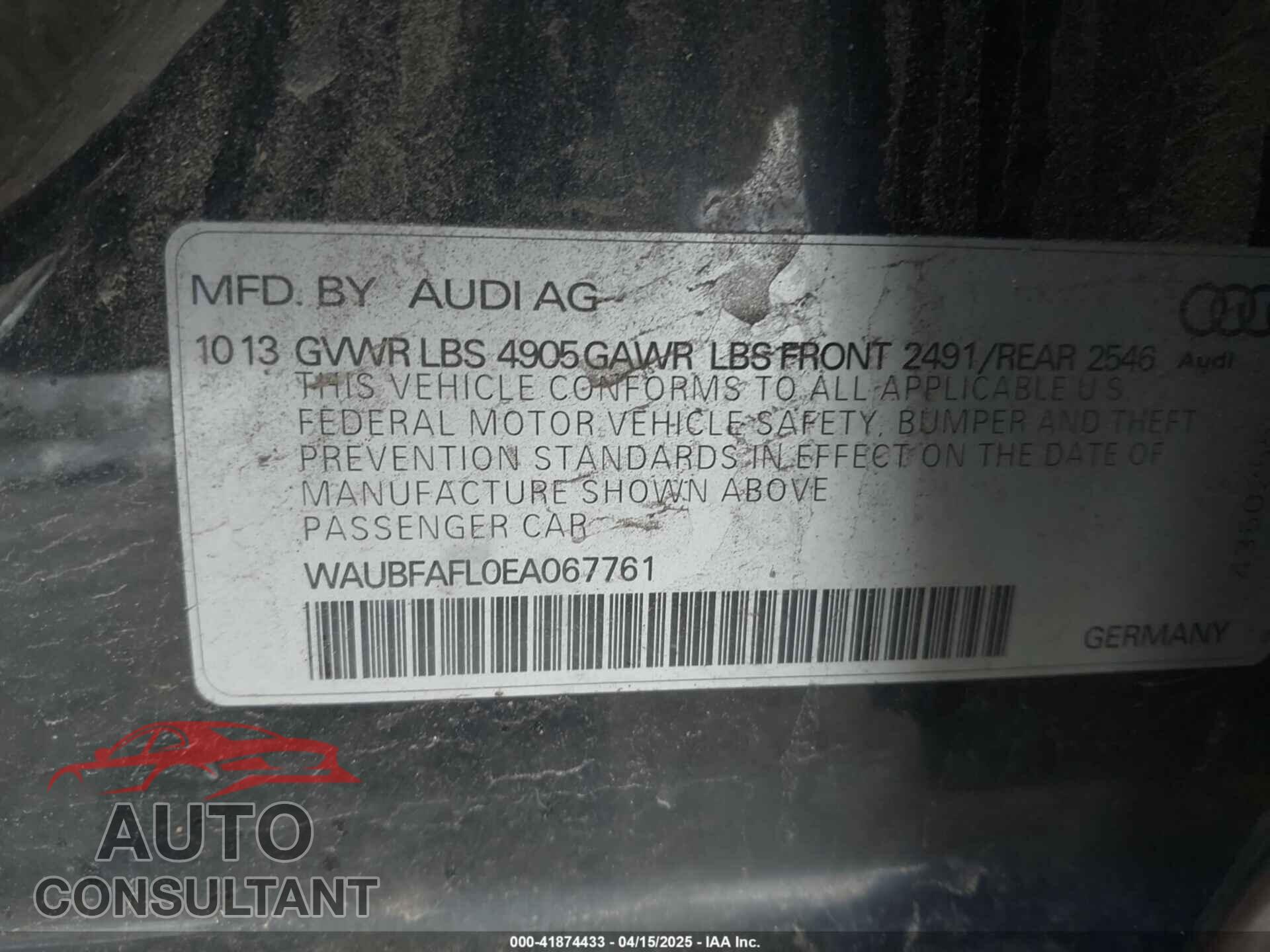 AUDI A4 2014 - WAUBFAFL0EA067761
