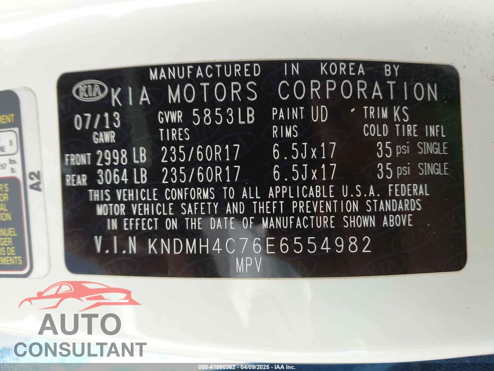 KIA SEDONA 2014 - KNDMH4C76E6554982