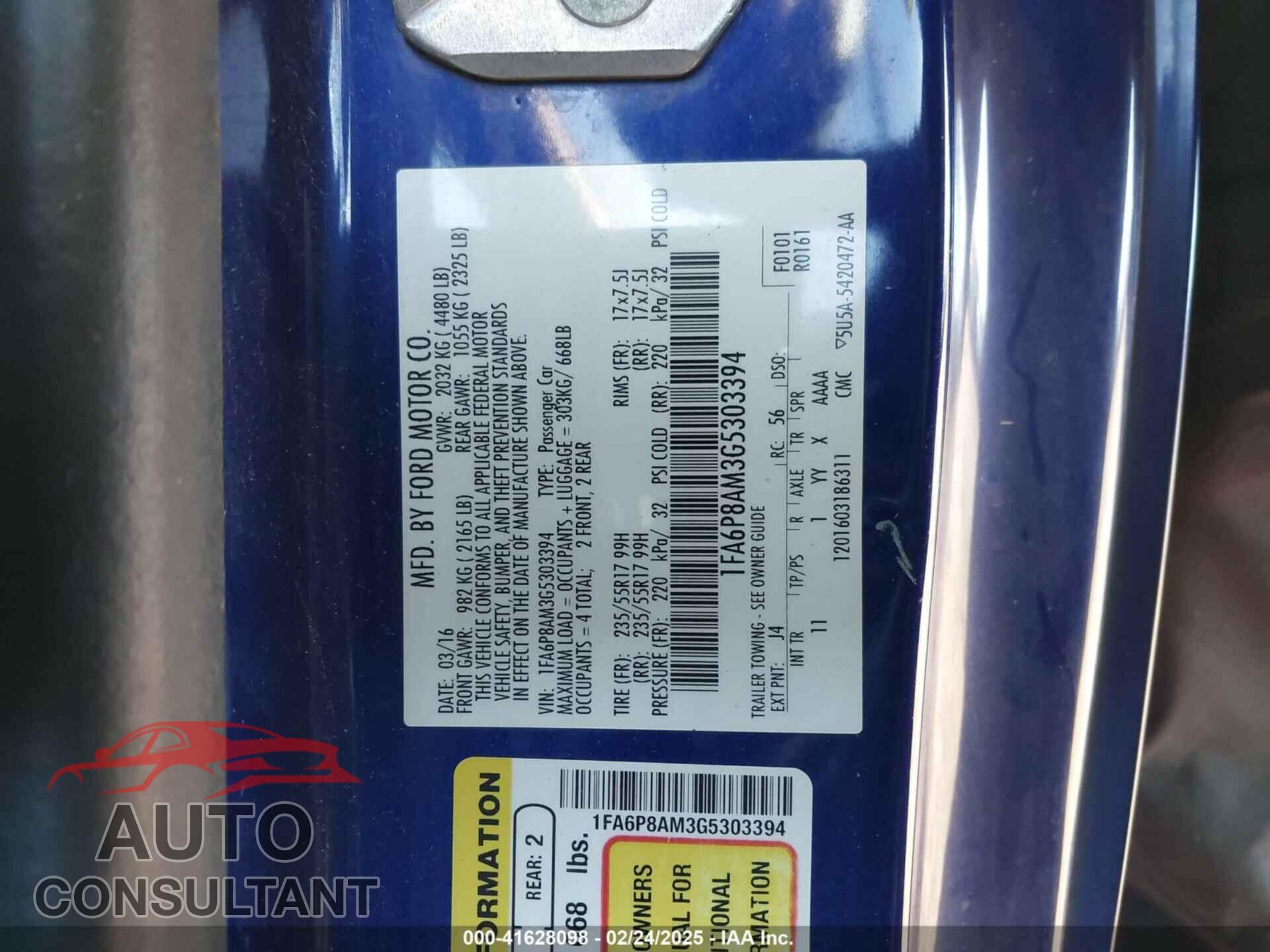 FORD MUSTANG 2016 - 1FA6P8AM3G5303394