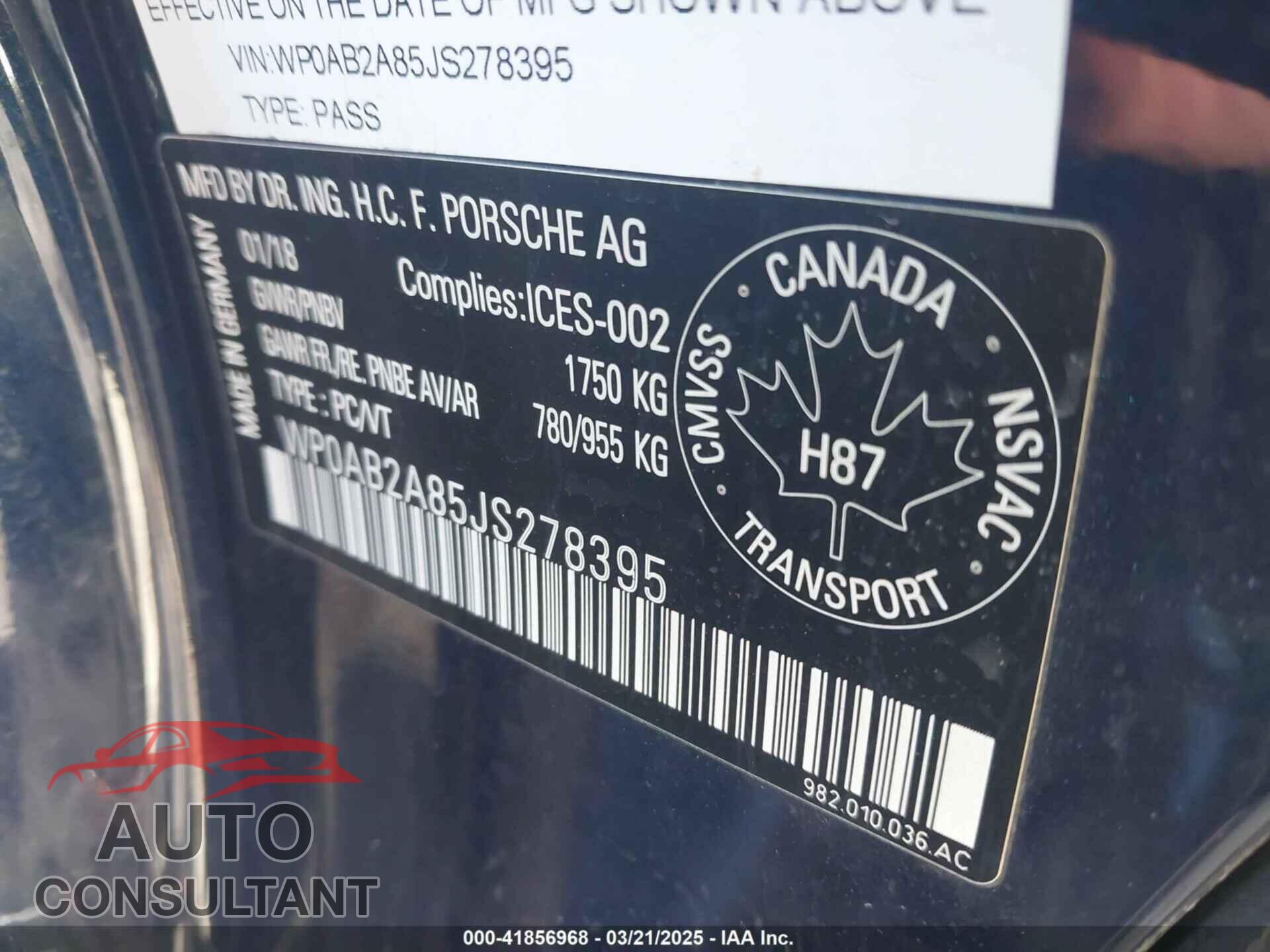 PORSCHE 718 CAYMAN 2018 - WP0AB2A85JS278395