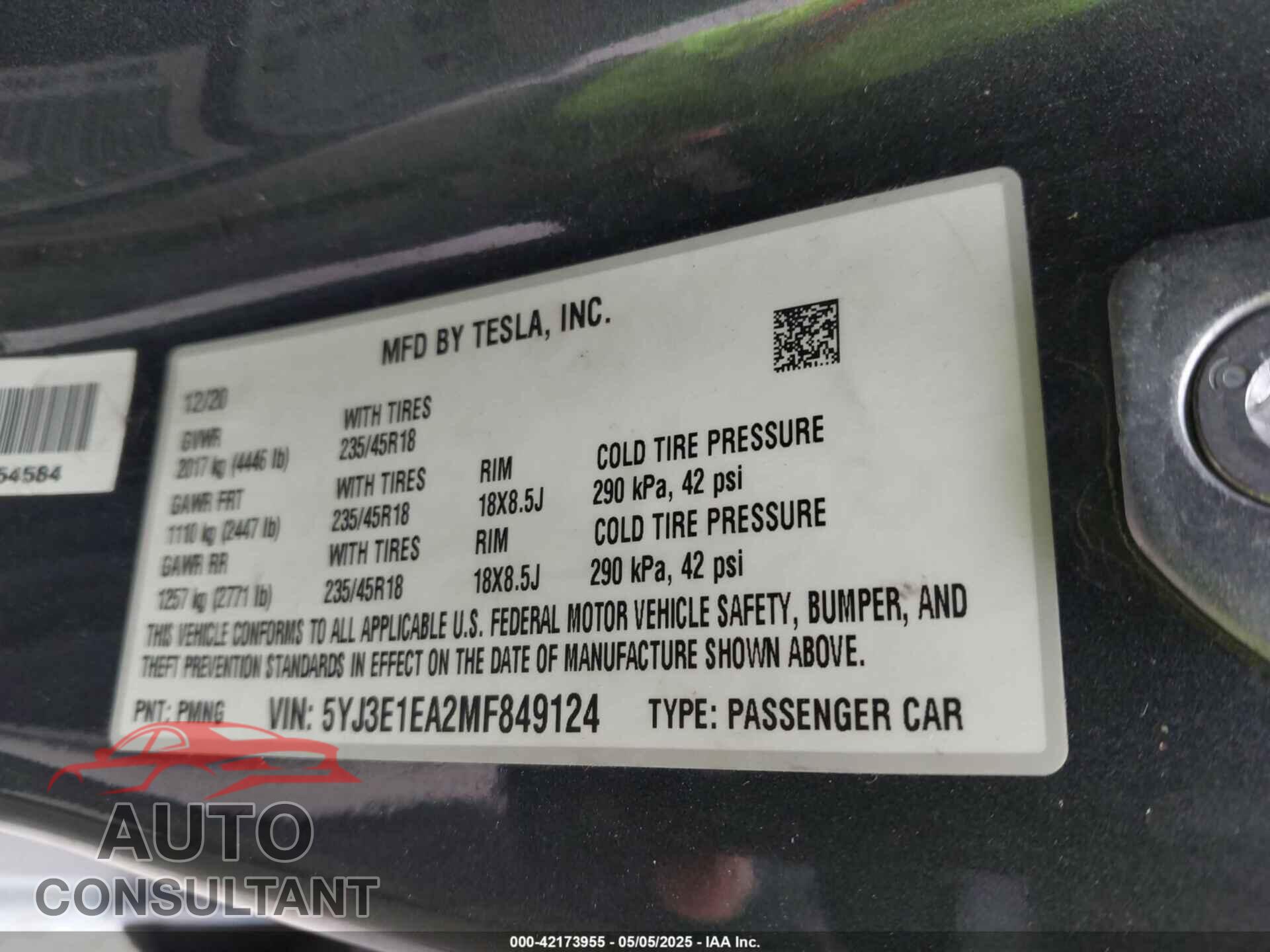 TESLA MODEL 3 2021 - 5YJ3E1EA2MF849124