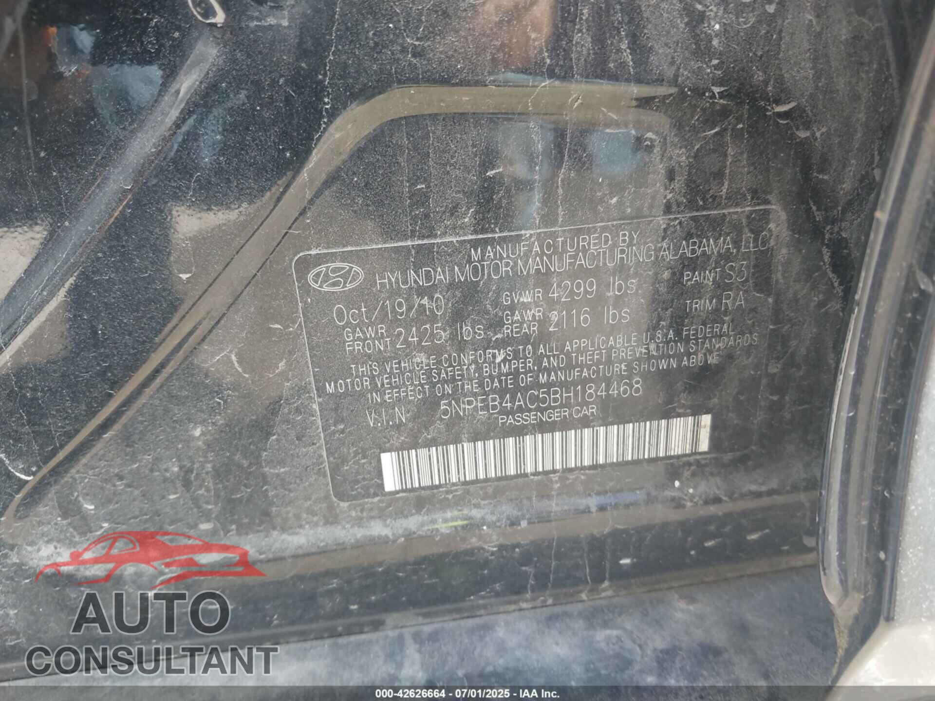 HYUNDAI SONATA 2011 - 5NPEB4AC5BH184468