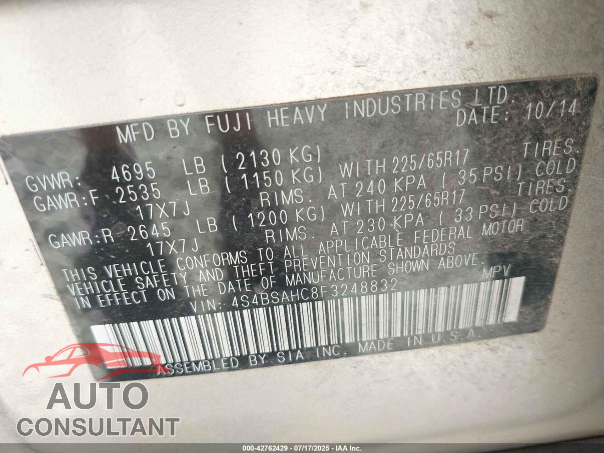 SUBARU OUTBACK 2015 - 4S4BSAHC8F3248832