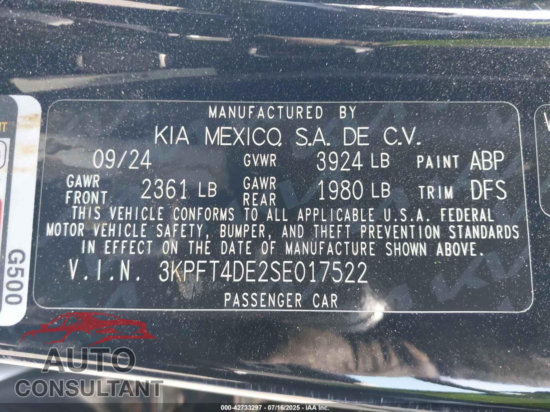 KIA K4 2025 - 3KPFT4DE2SE017522