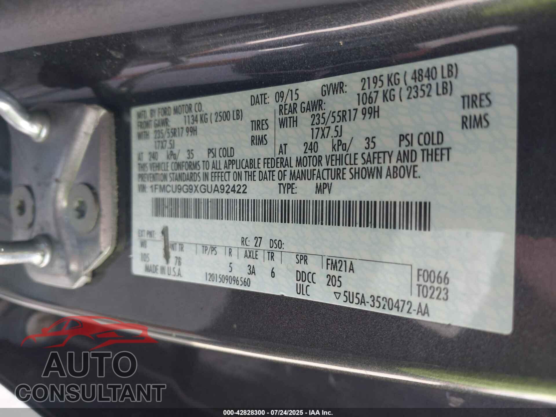 FORD ESCAPE 2016 - 1FMCU9G9XGUA92422