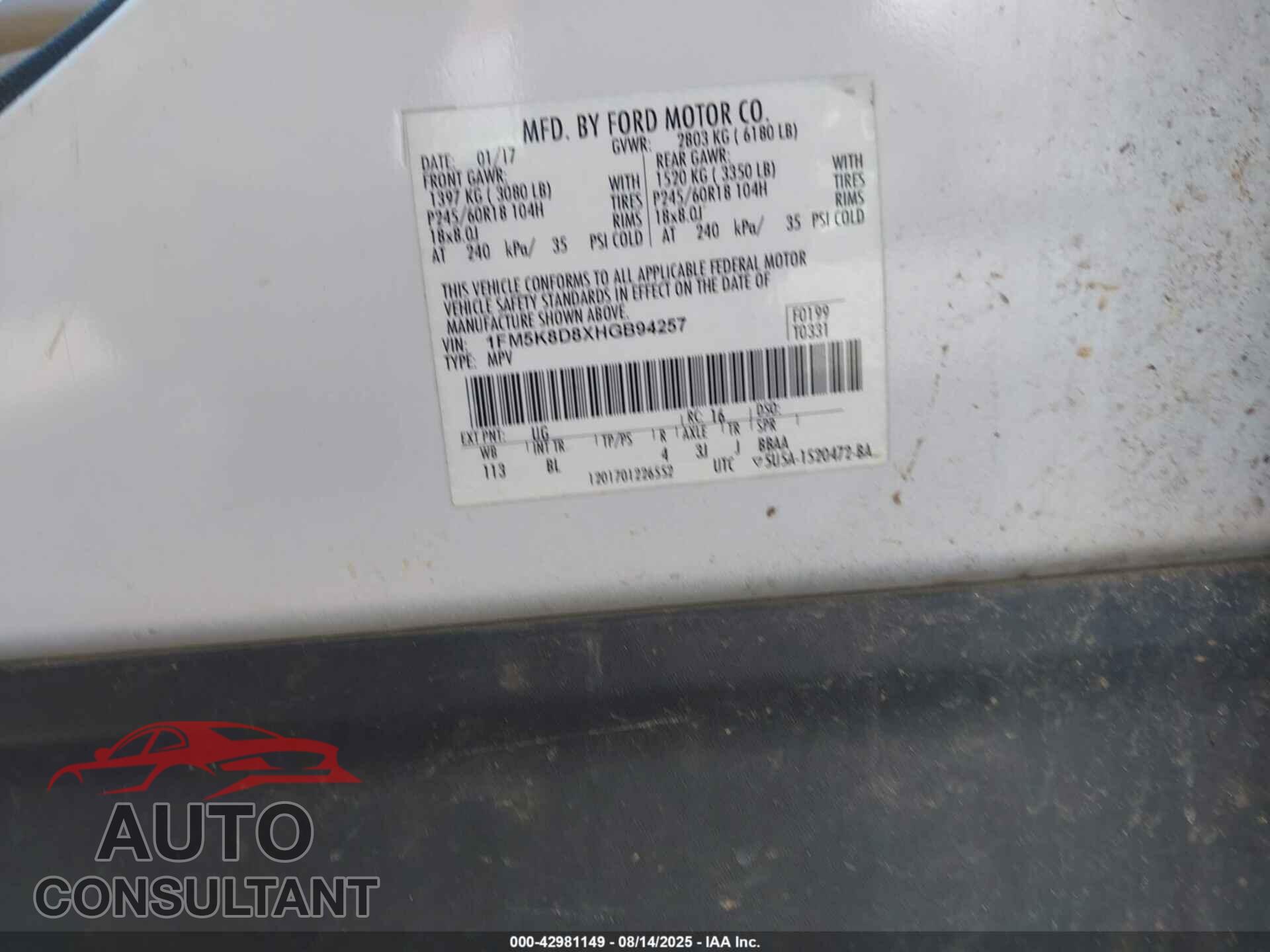 FORD EXPLORER 2017 - 1FM5K8D8XHGB94257