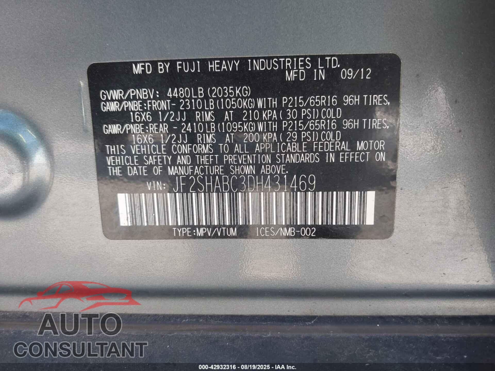 SUBARU FORESTER 2013 - JF2SHABC3DH431469
