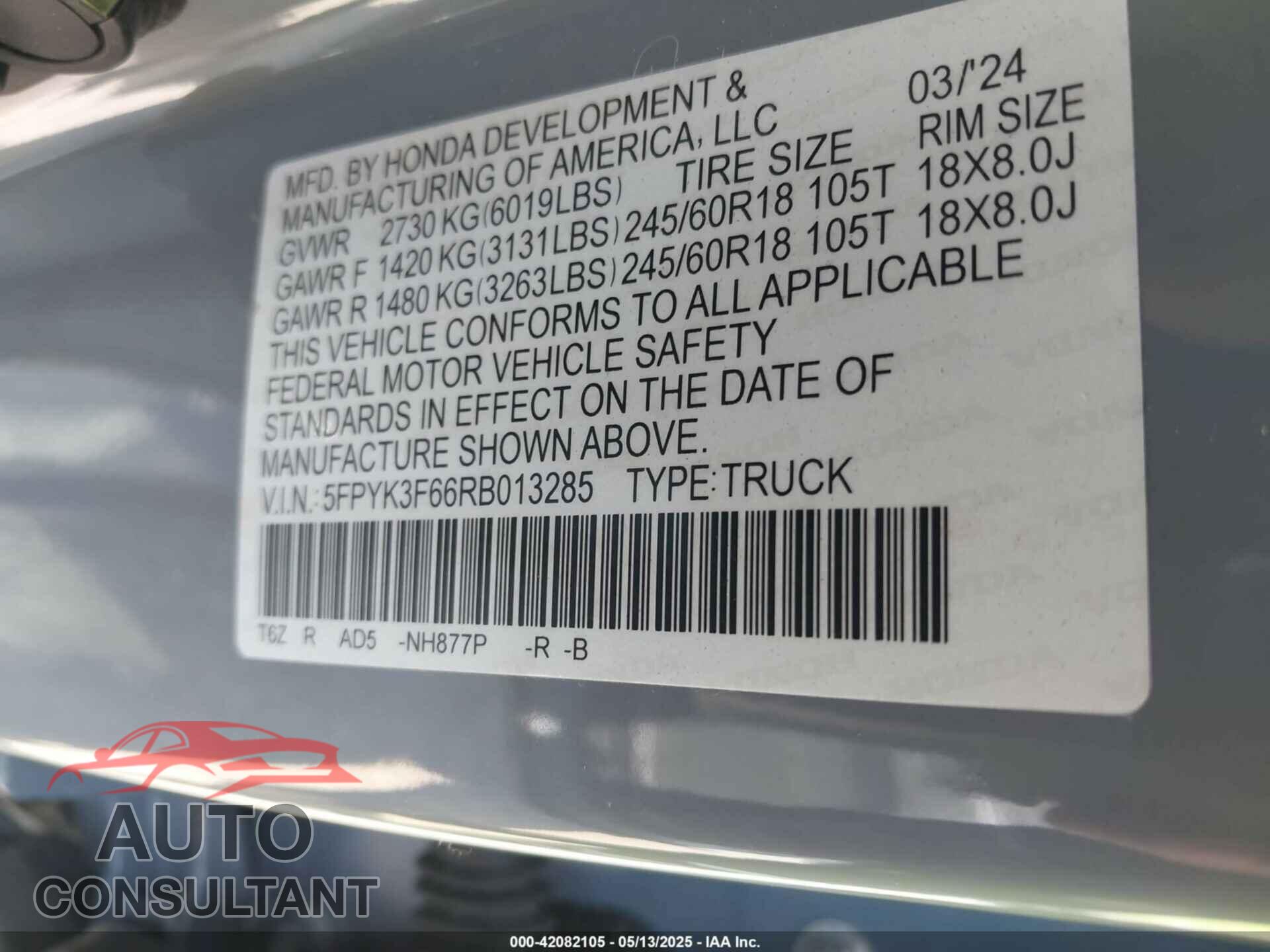 HONDA RIDGELINE 2024 - 5FPYK3F66RB013285