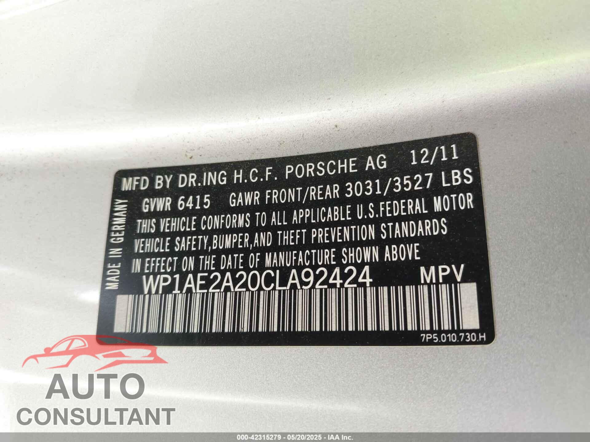 PORSCHE CAYENNE HYBRID 2012 - WP1AE2A20CLA92424