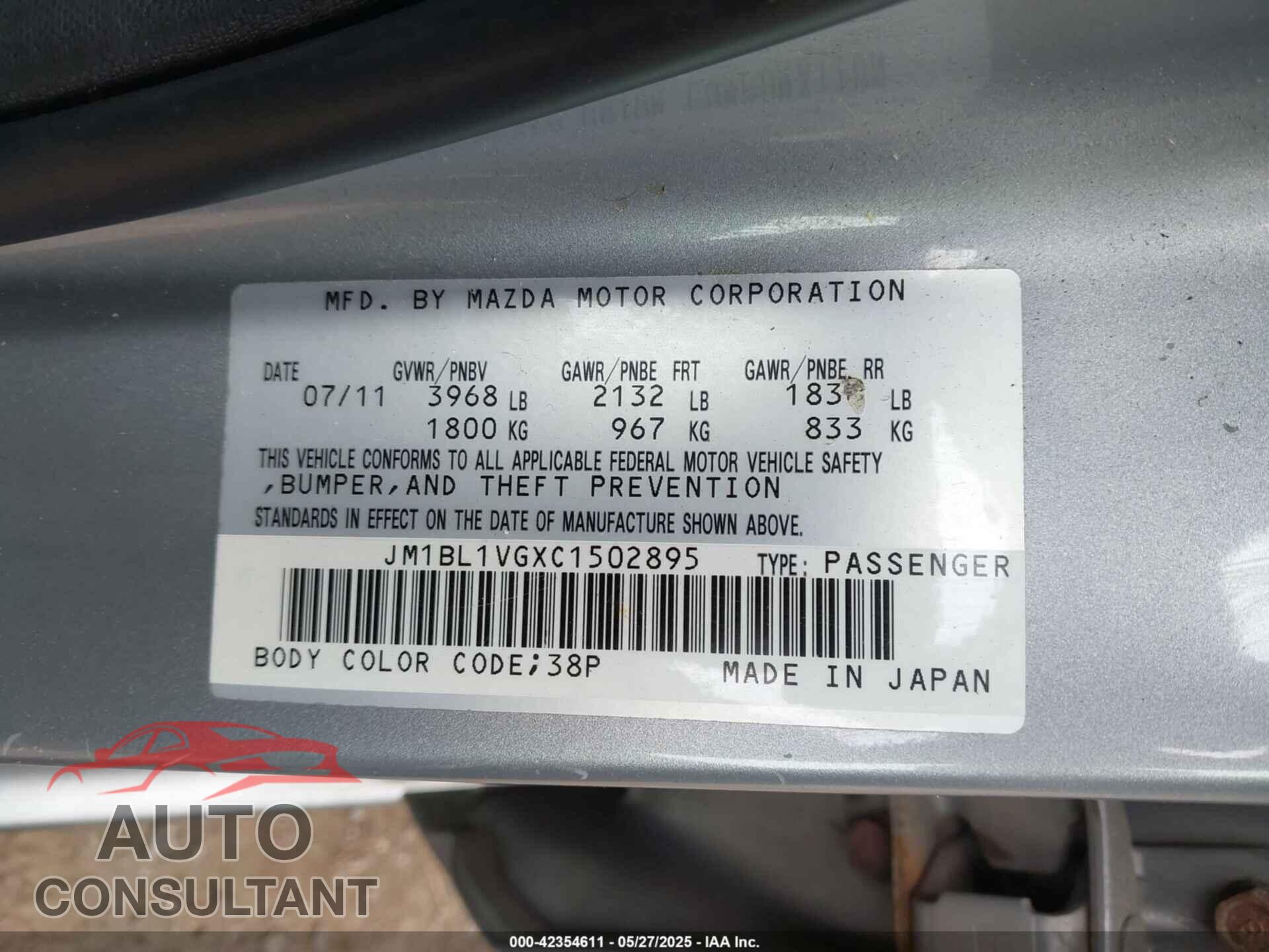 MAZDA MAZDA3 2012 - JM1BL1VGXC1502895