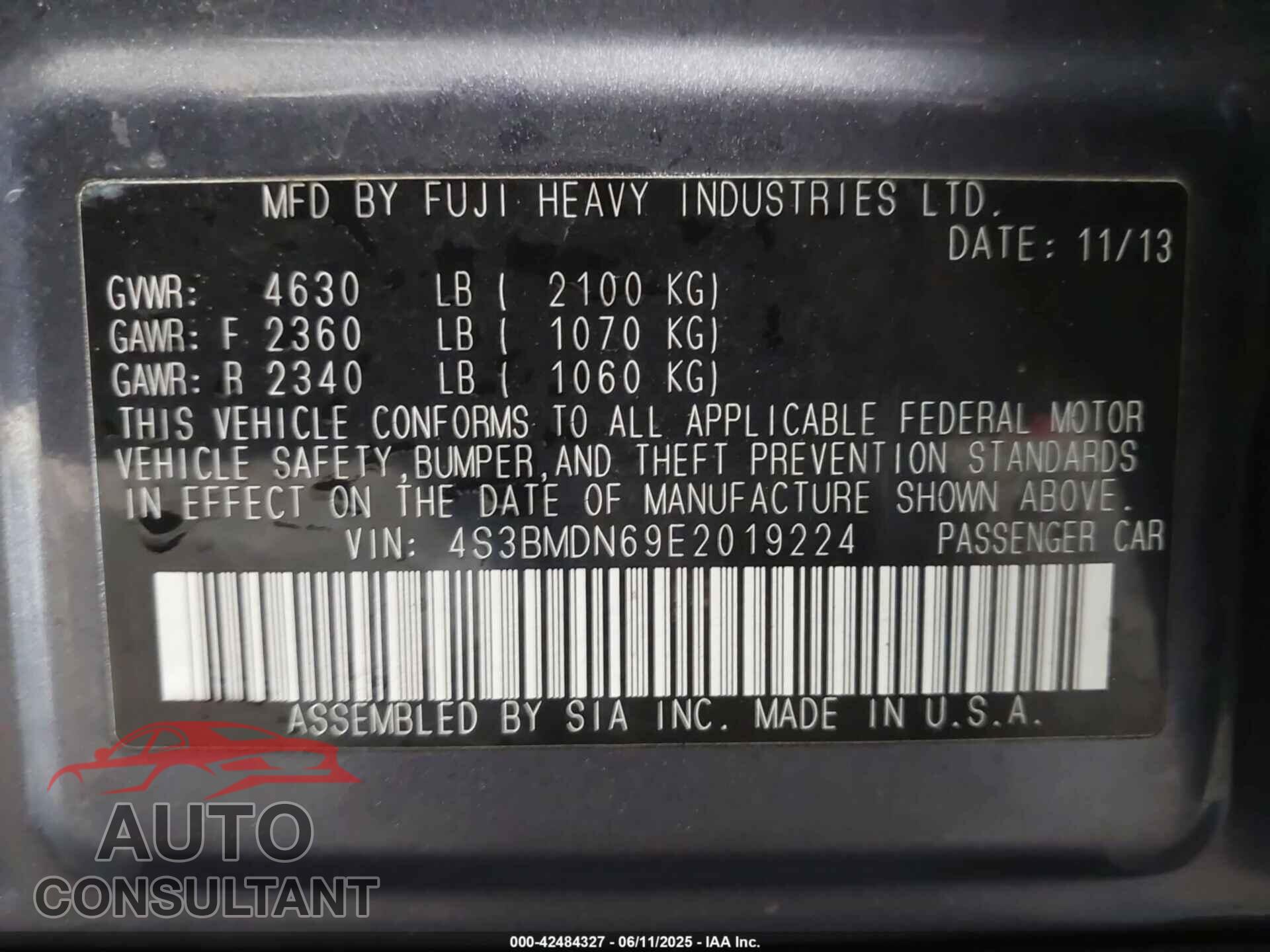 SUBARU LEGACY 2014 - 4S3BMDN69E2019224