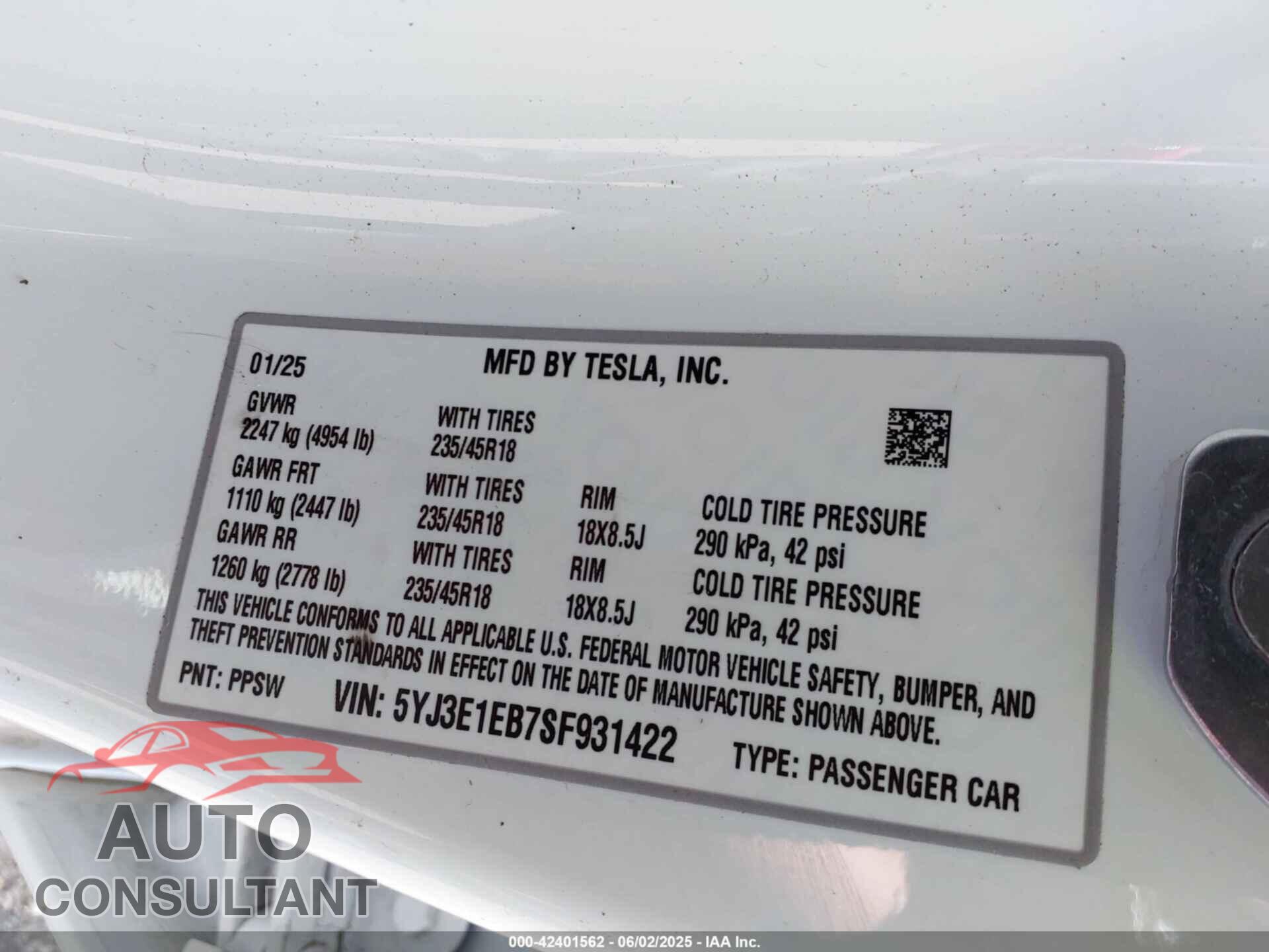 TESLA MODEL 3 2025 - 5YJ3E1EB7SF931422