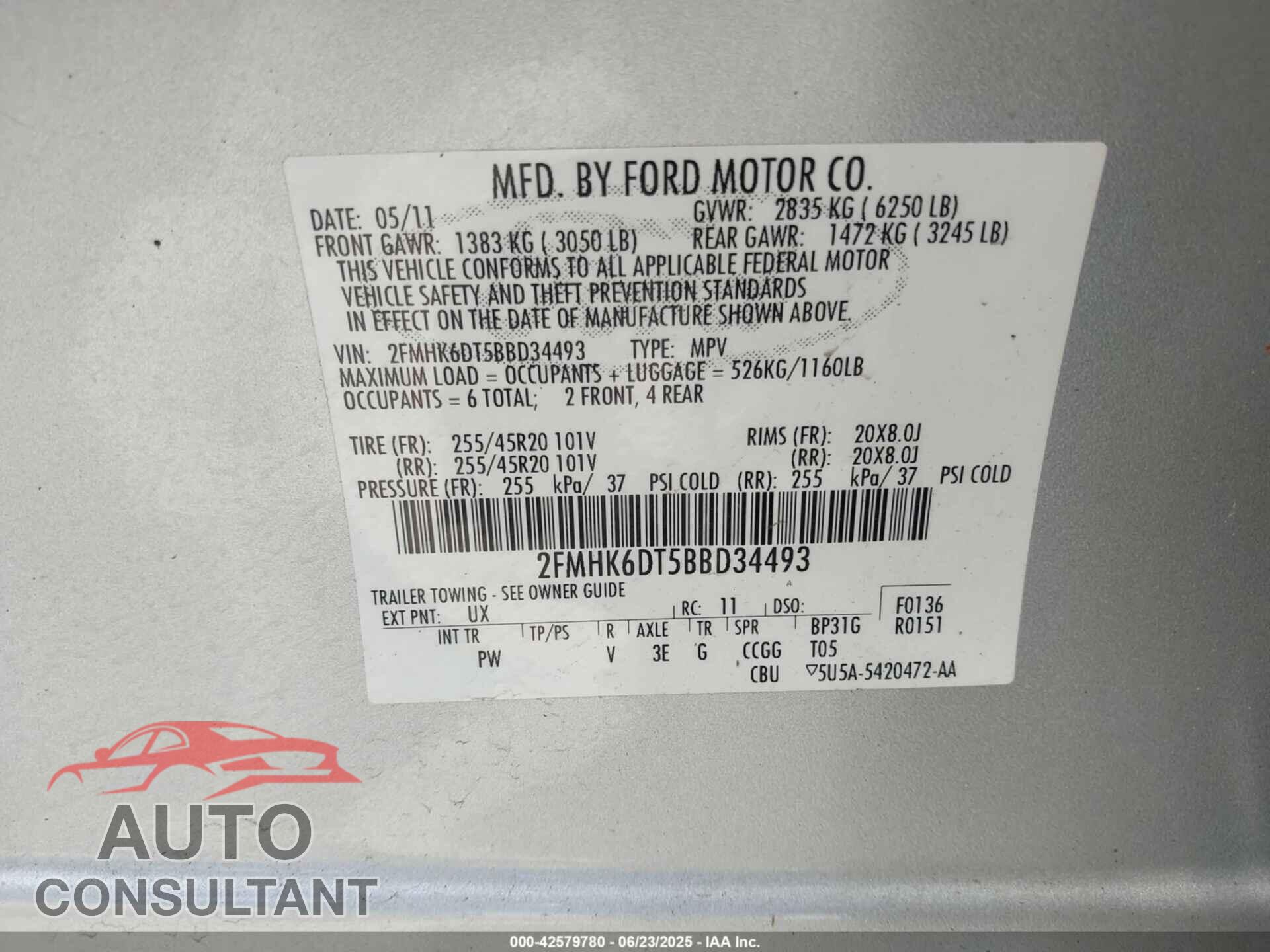 FORD FLEX 2011 - 2FMHK6DT5BBD34493