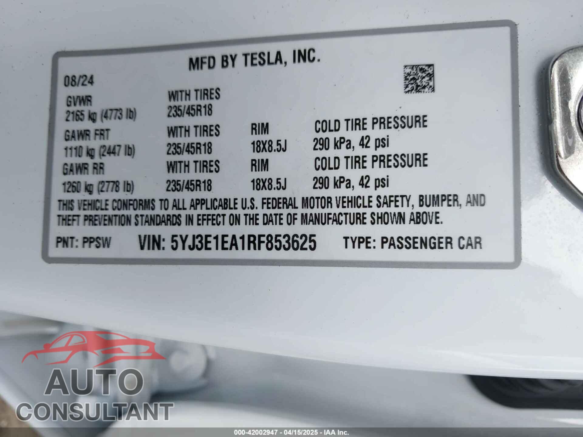 TESLA MODEL 3 2024 - 5YJ3E1EA1RF853625