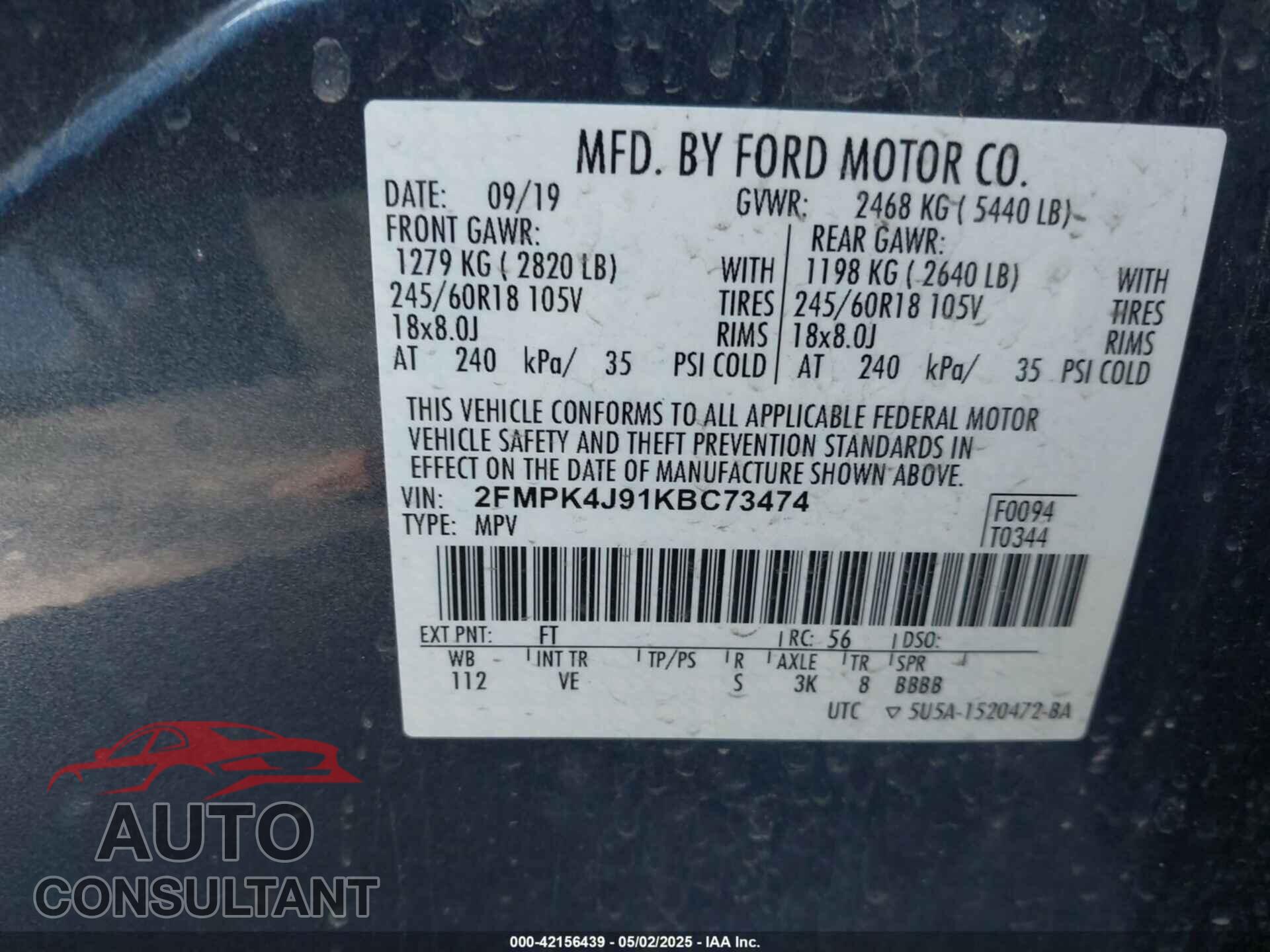 FORD EDGE 2019 - 2FMPK4J91KBC73474