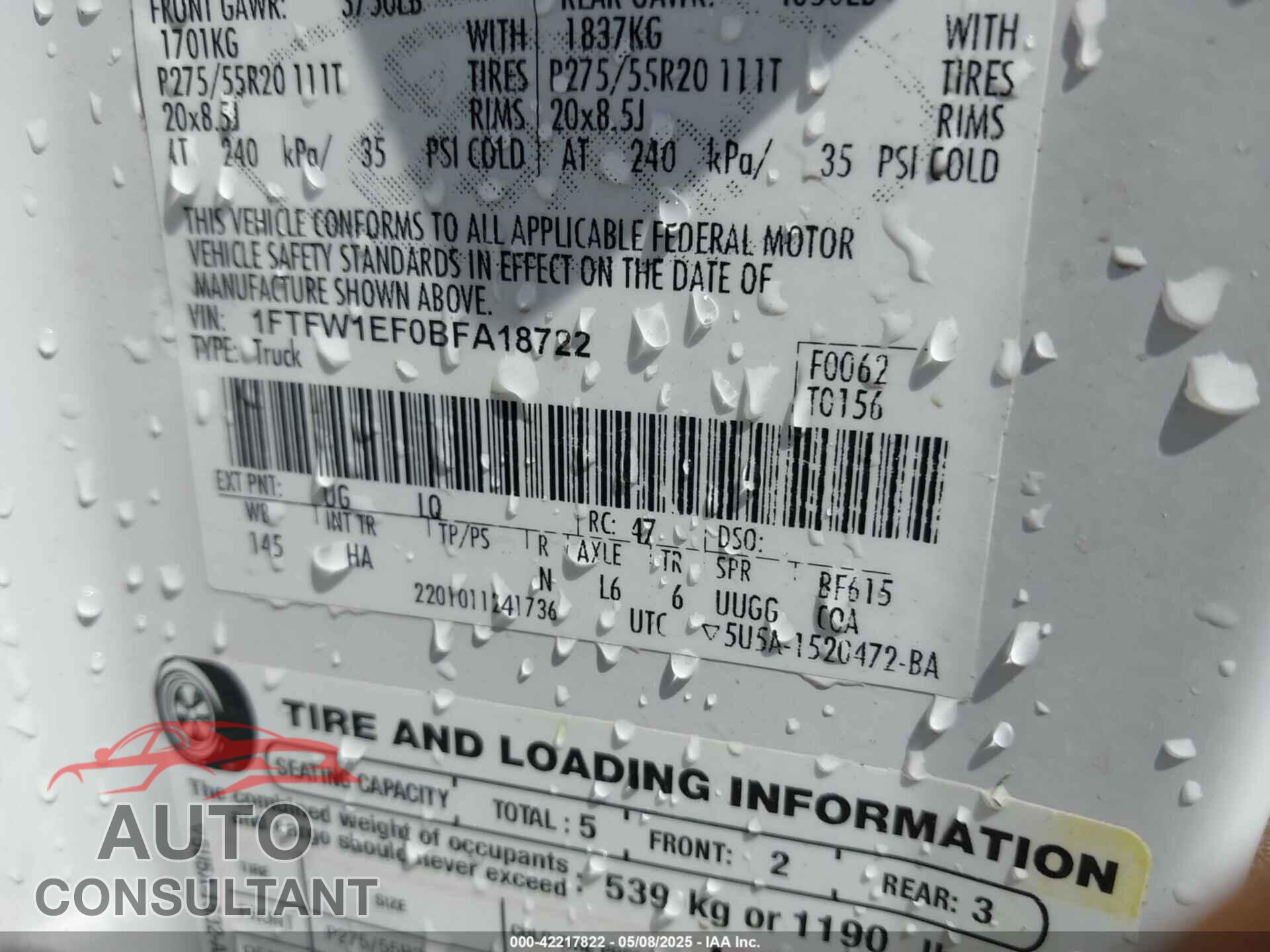 FORD F-150 2011 - 1FTFW1EF0BFA18722