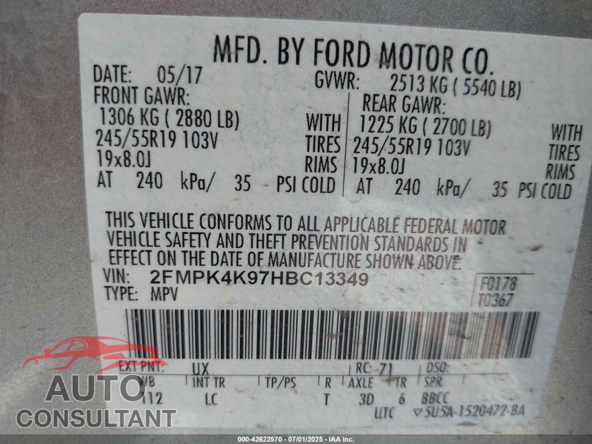 FORD EDGE 2017 - 2FMPK4K97HBC13349