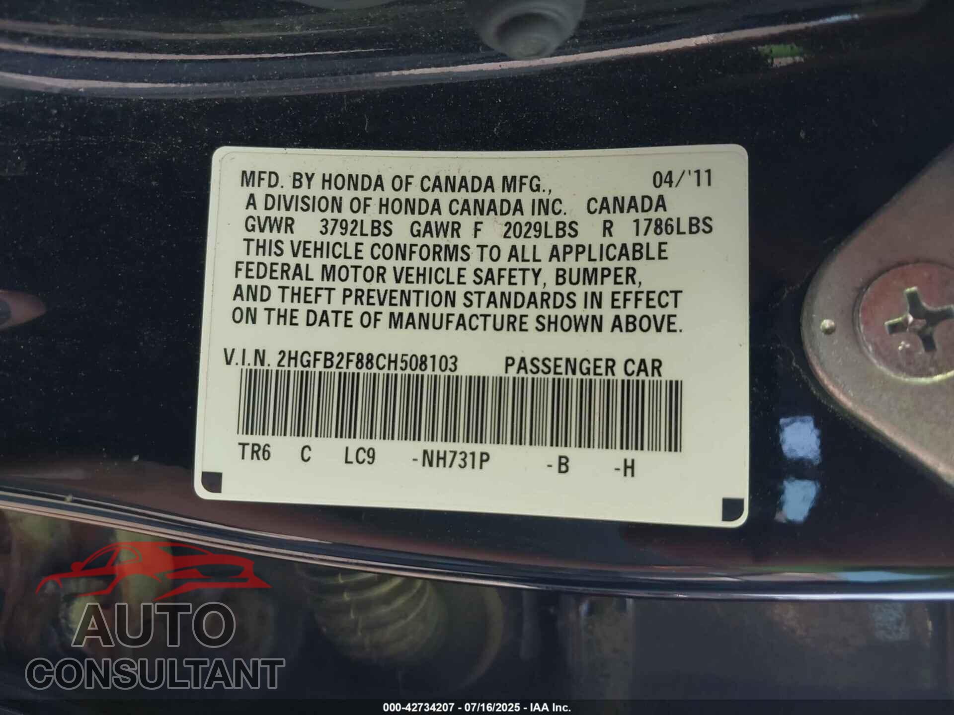 HONDA CIVIC 2012 - 2HGFB2F88CH508103