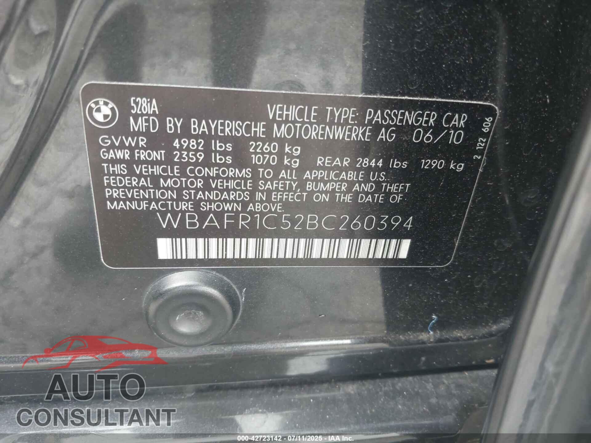 BMW 528I 2011 - WBAFR1C52BC260394
