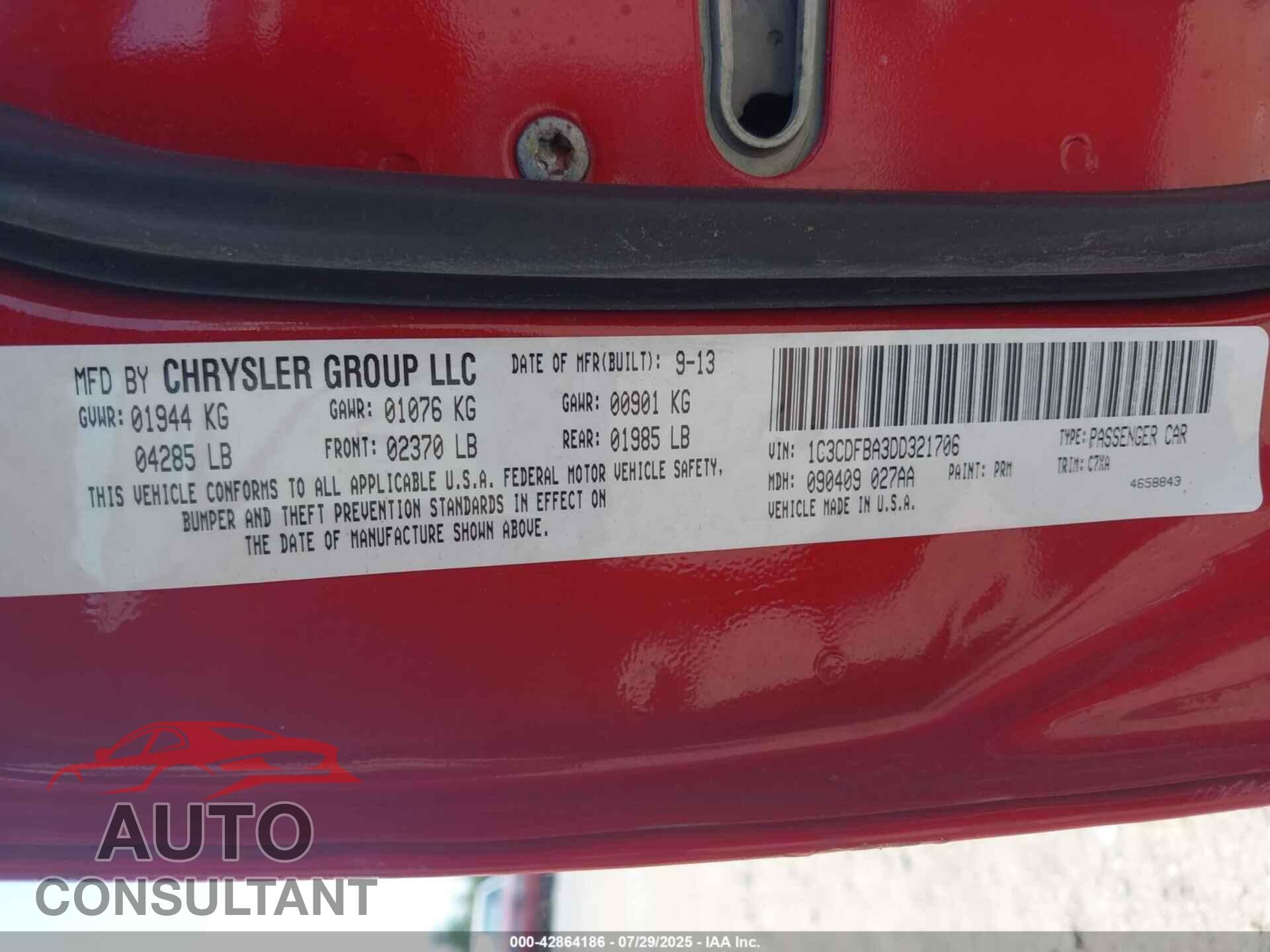 DODGE DART 2013 - 1C3CDFBA3DD321706