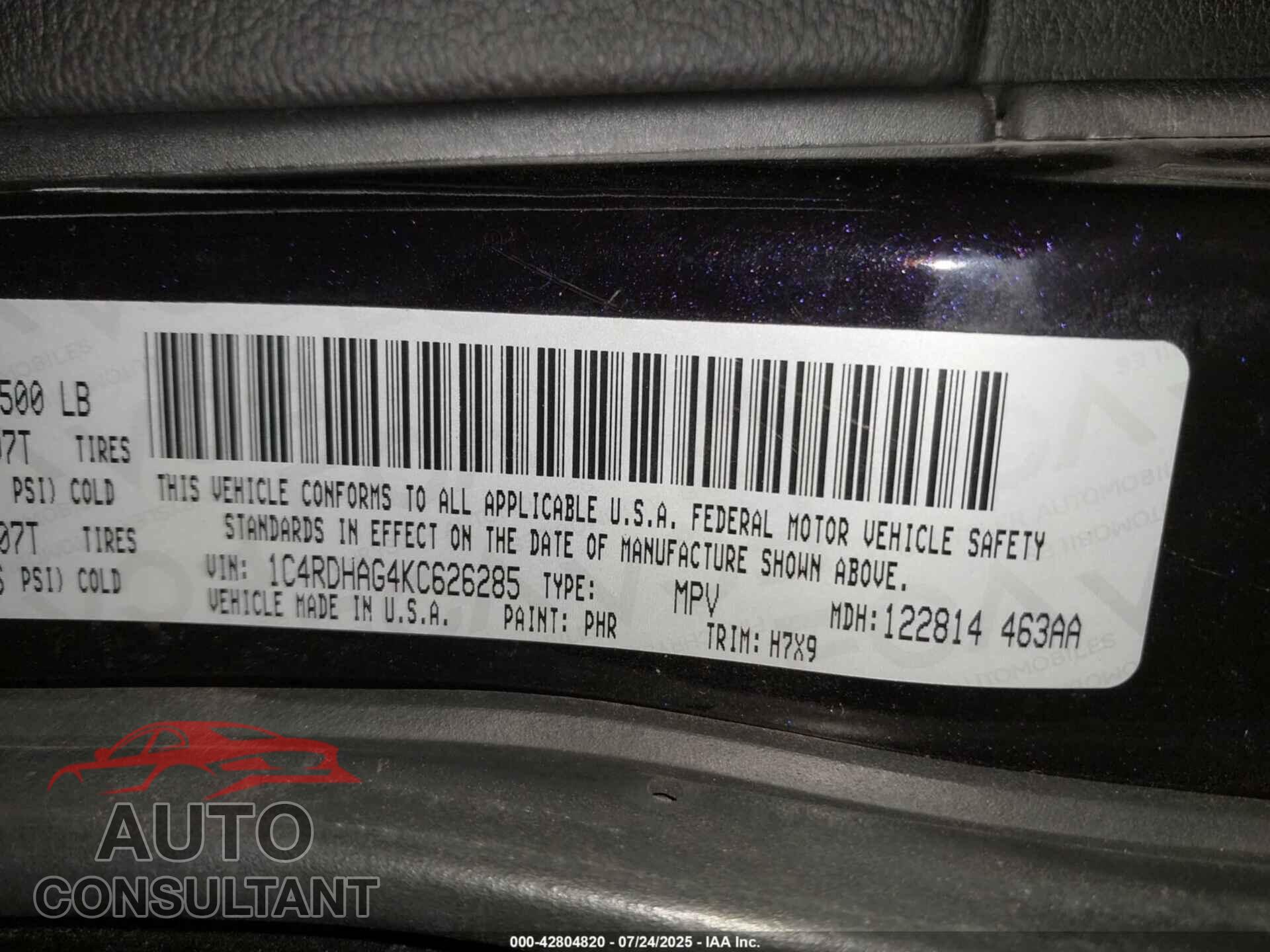 DODGE DURANGO 2019 - 1C4RDHAG4KC626285