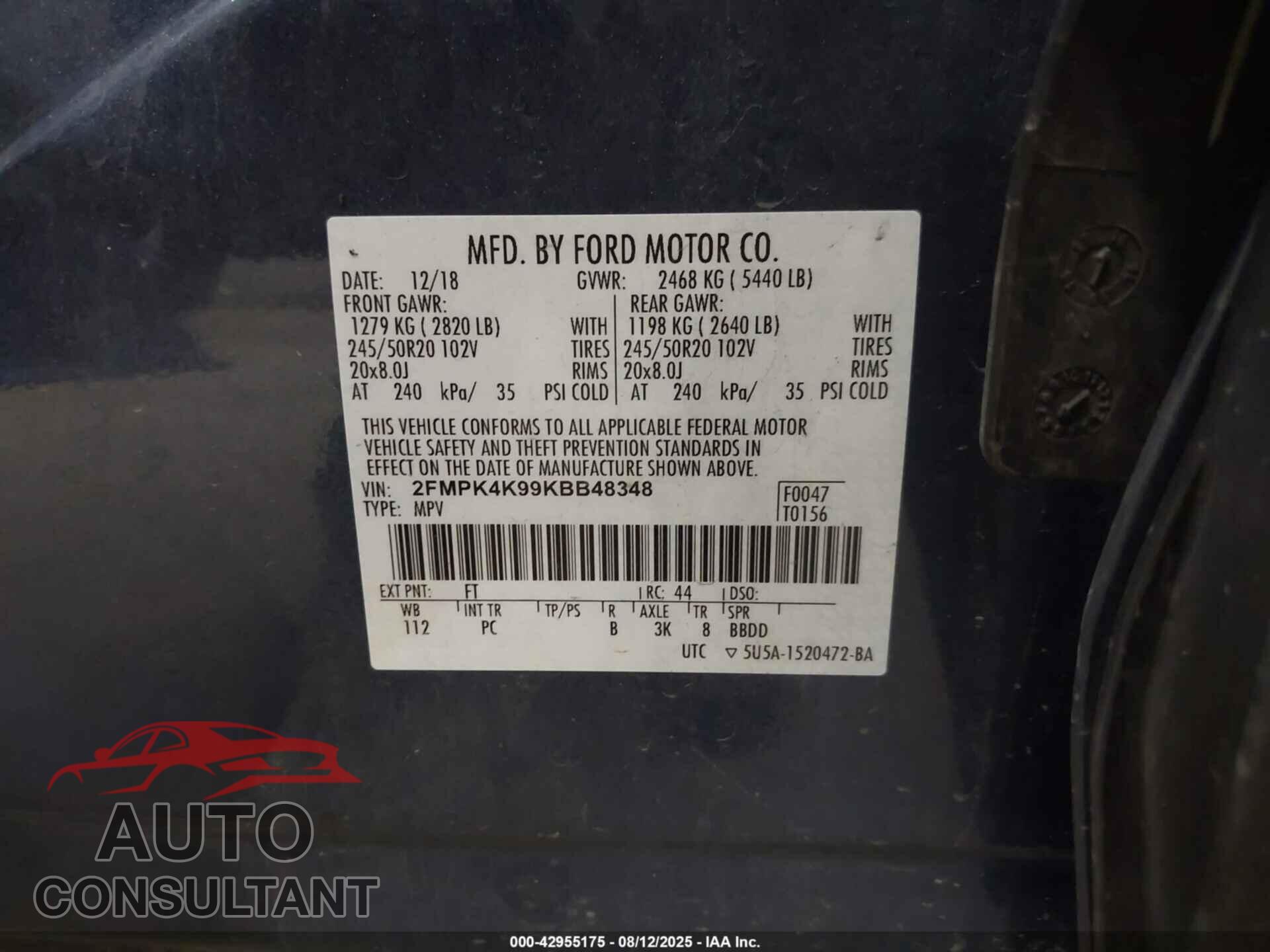 FORD EDGE 2019 - 2FMPK4K99KBB48348