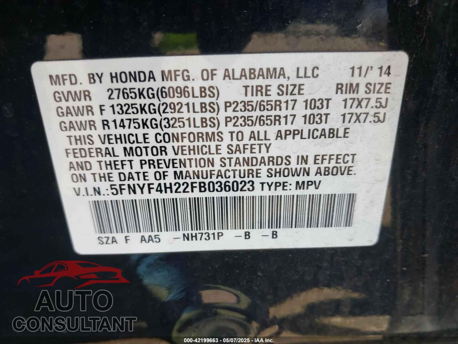 HONDA PILOT 2015 - 5FNYF4H22FB036023
