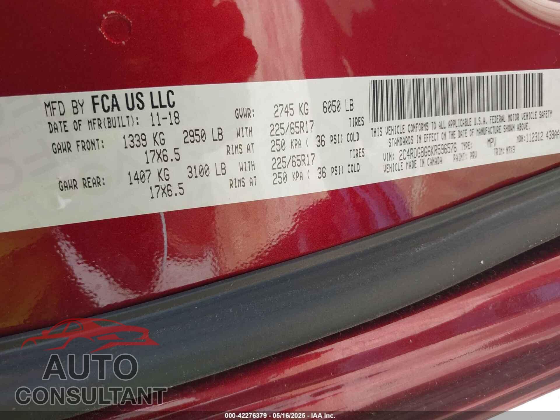 DODGE GRAND CARAVAN 2019 - 2C4RDGBG6KR596576