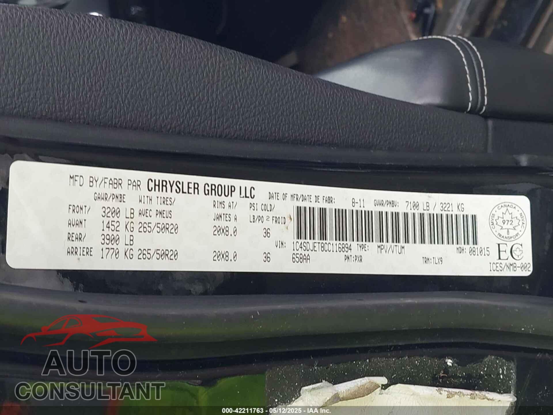 DODGE DURANGO 2012 - 1C4SDJET8CC116894
