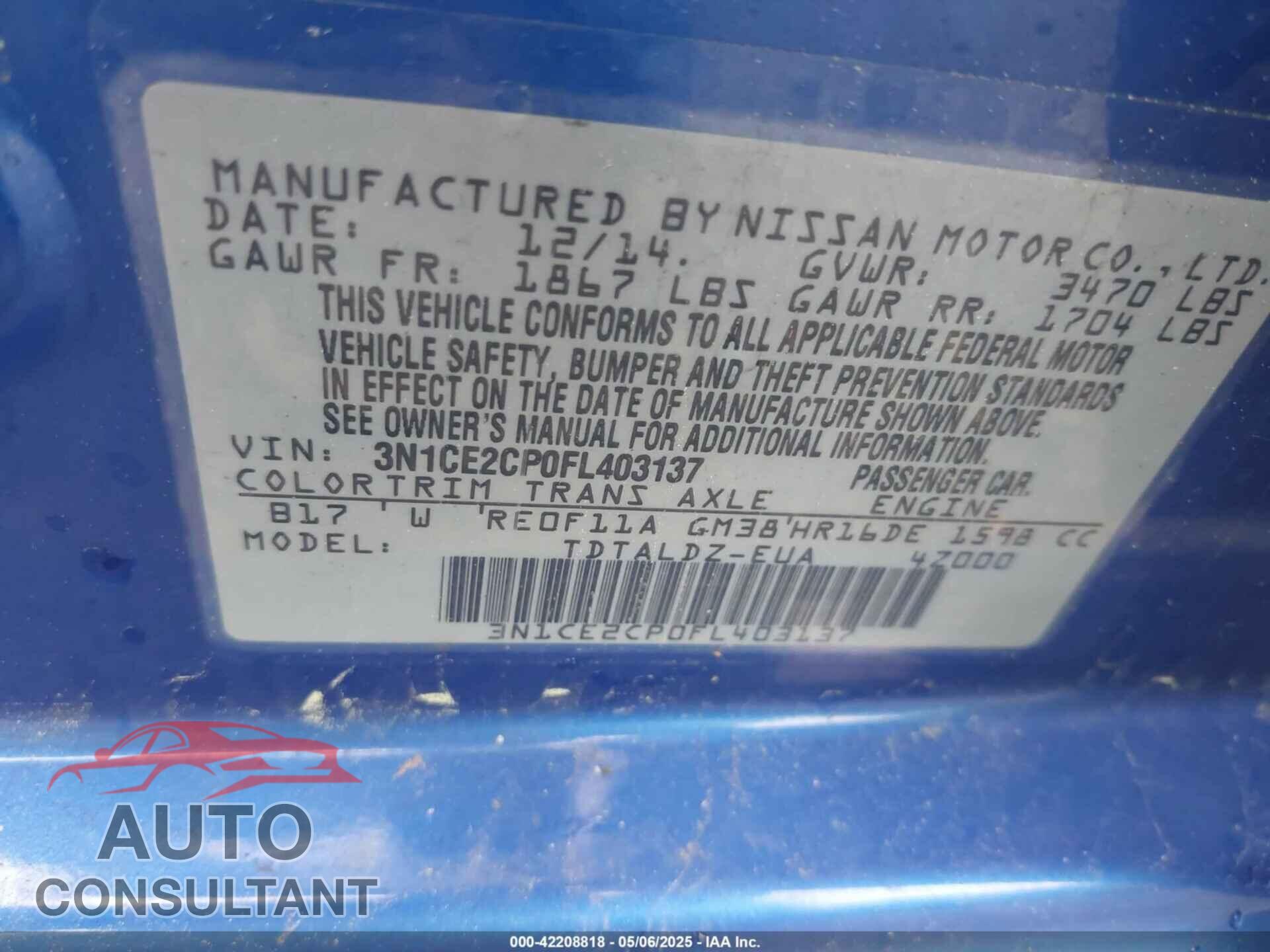 NISSAN VERSA NOTE 2015 - 3N1CE2CP0FL403137