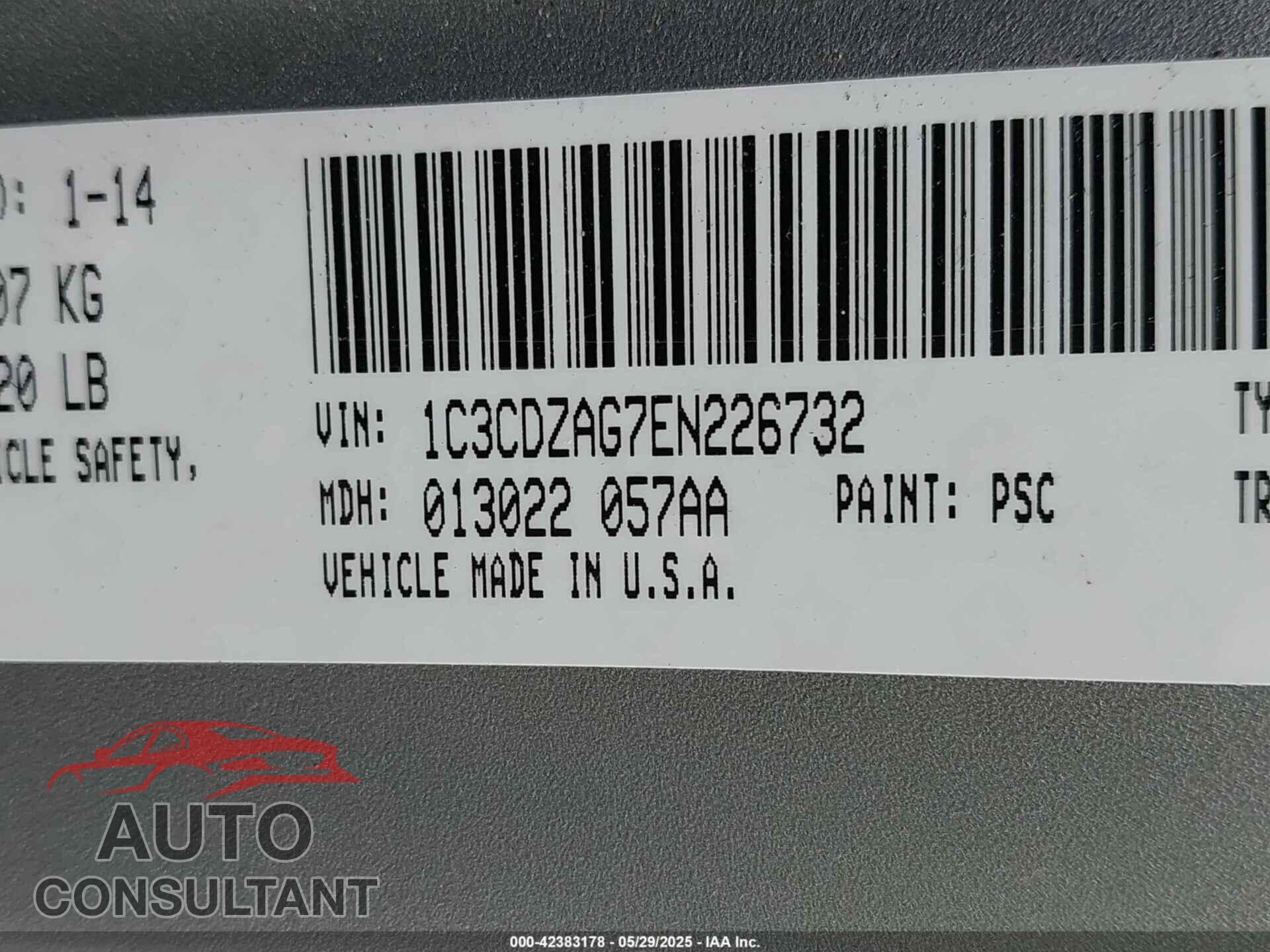 DODGE AVENGER 2014 - 1C3CDZAG7EN226732
