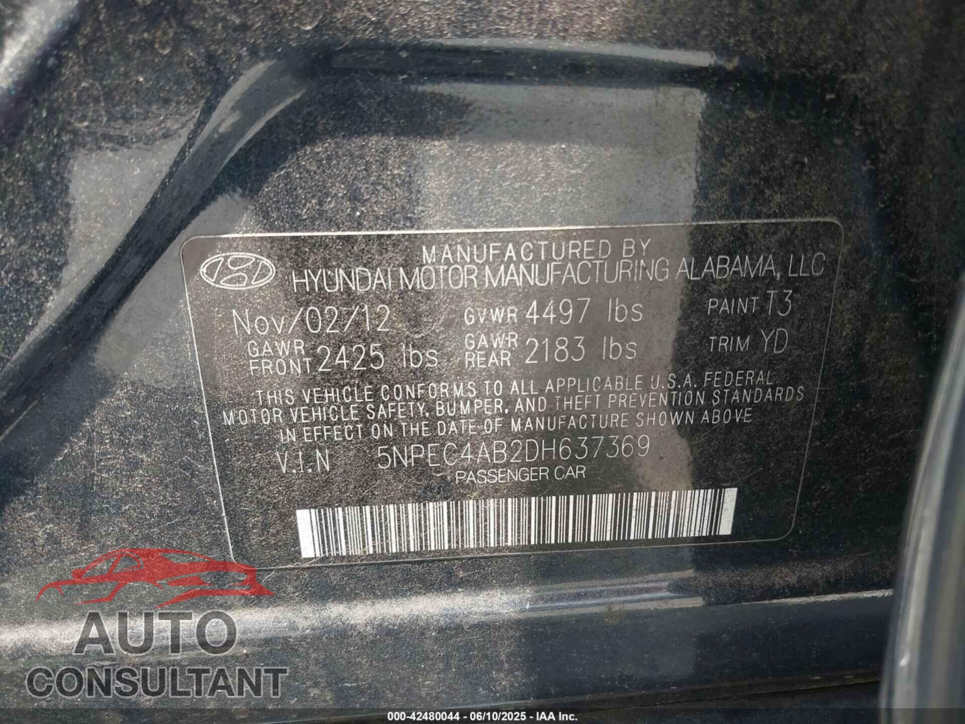 HYUNDAI SONATA 2013 - 5NPEC4AB2DH637369