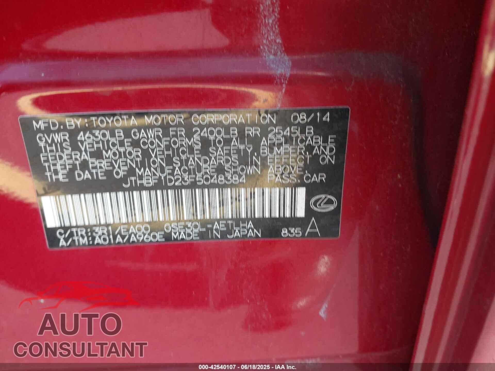 LEXUS IS 2015 - JTHBF1D23F5048384