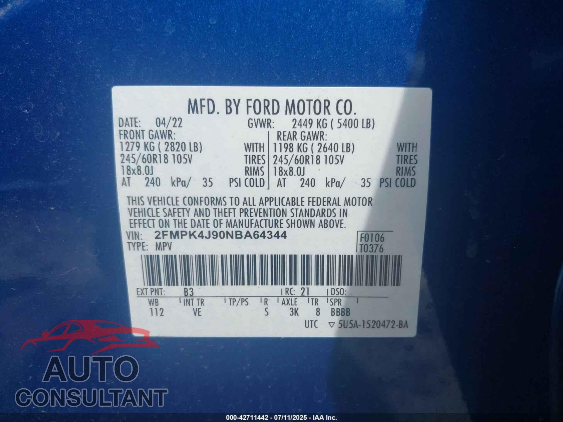 FORD EDGE 2022 - 2FMPK4J90NBA64344