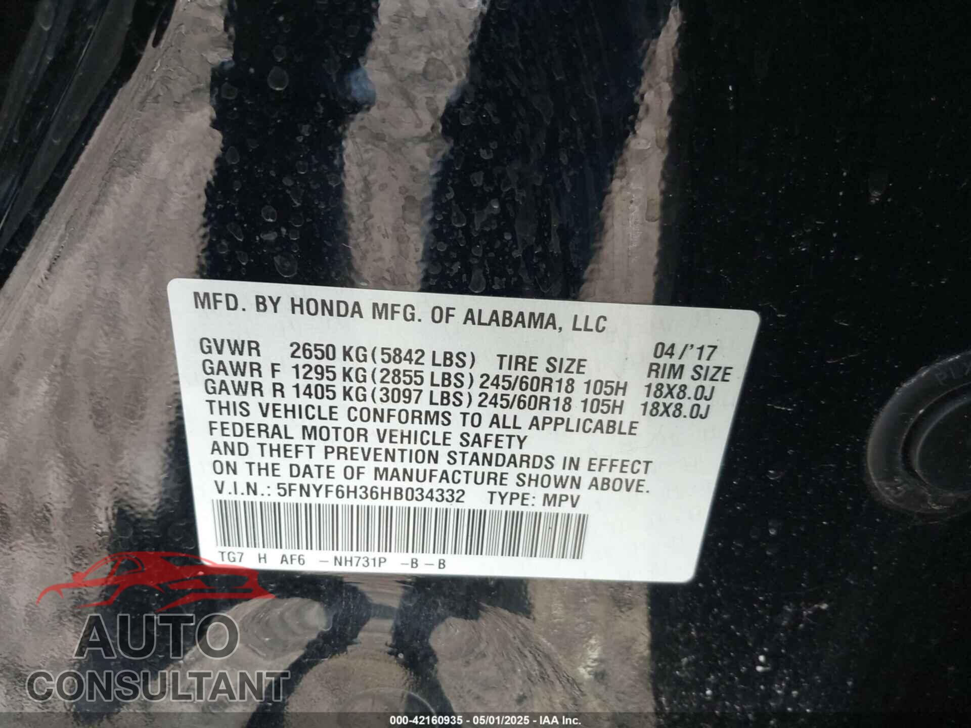 HONDA PILOT 2017 - 5FNYF6H36HB034332