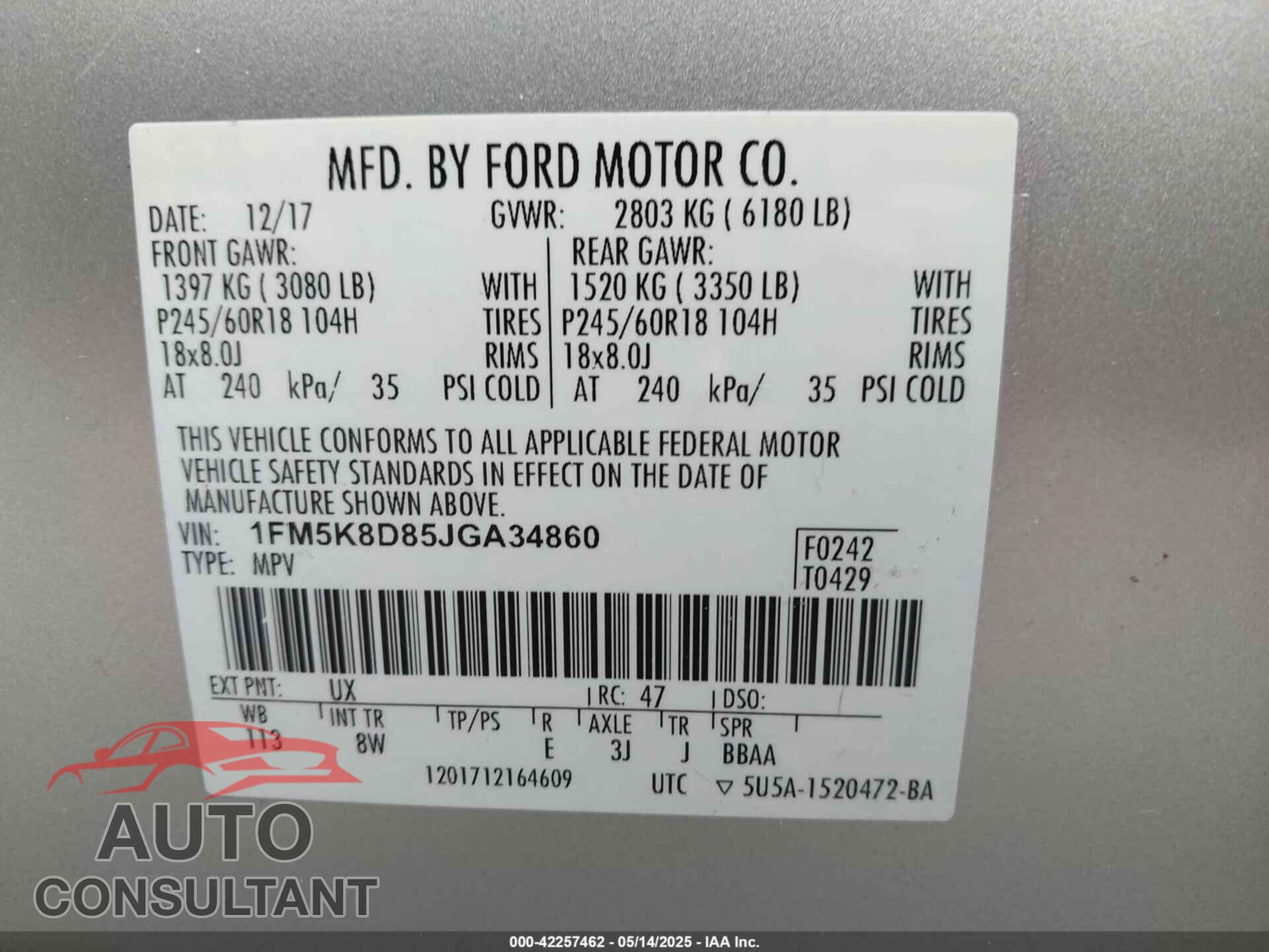 FORD EXPLORER 2018 - 1FM5K8D85JGA34860