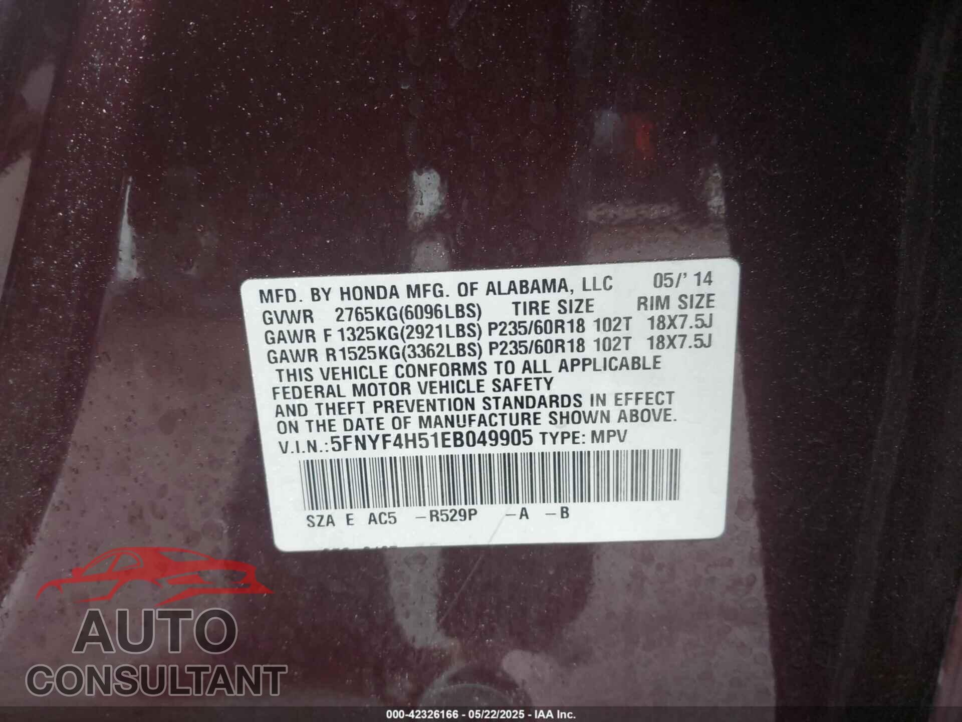 HONDA PILOT 2014 - 5FNYF4H51EB049905