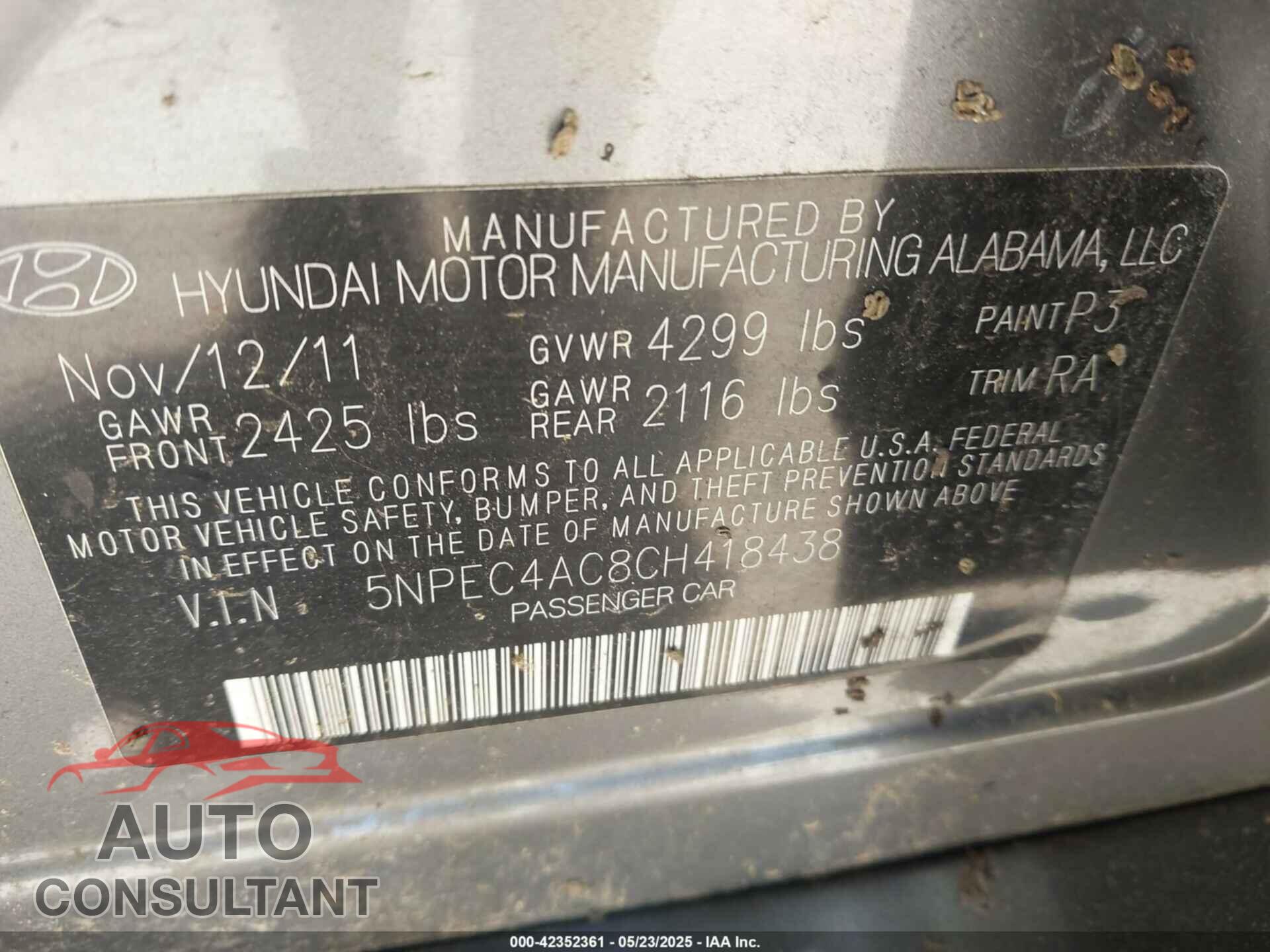 HYUNDAI SONATA 2012 - 5NPEC4AC8CH418438