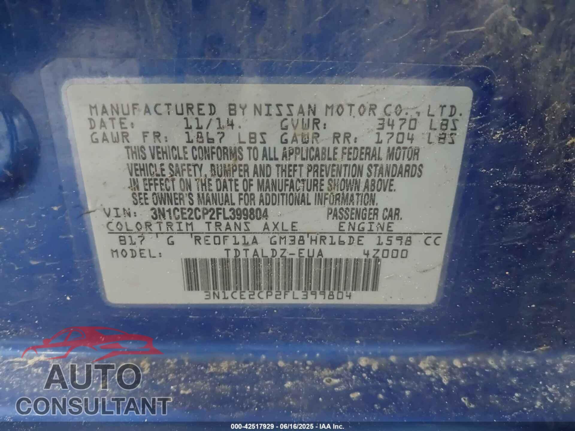 NISSAN VERSA NOTE 2015 - 3N1CE2CP2FL399804