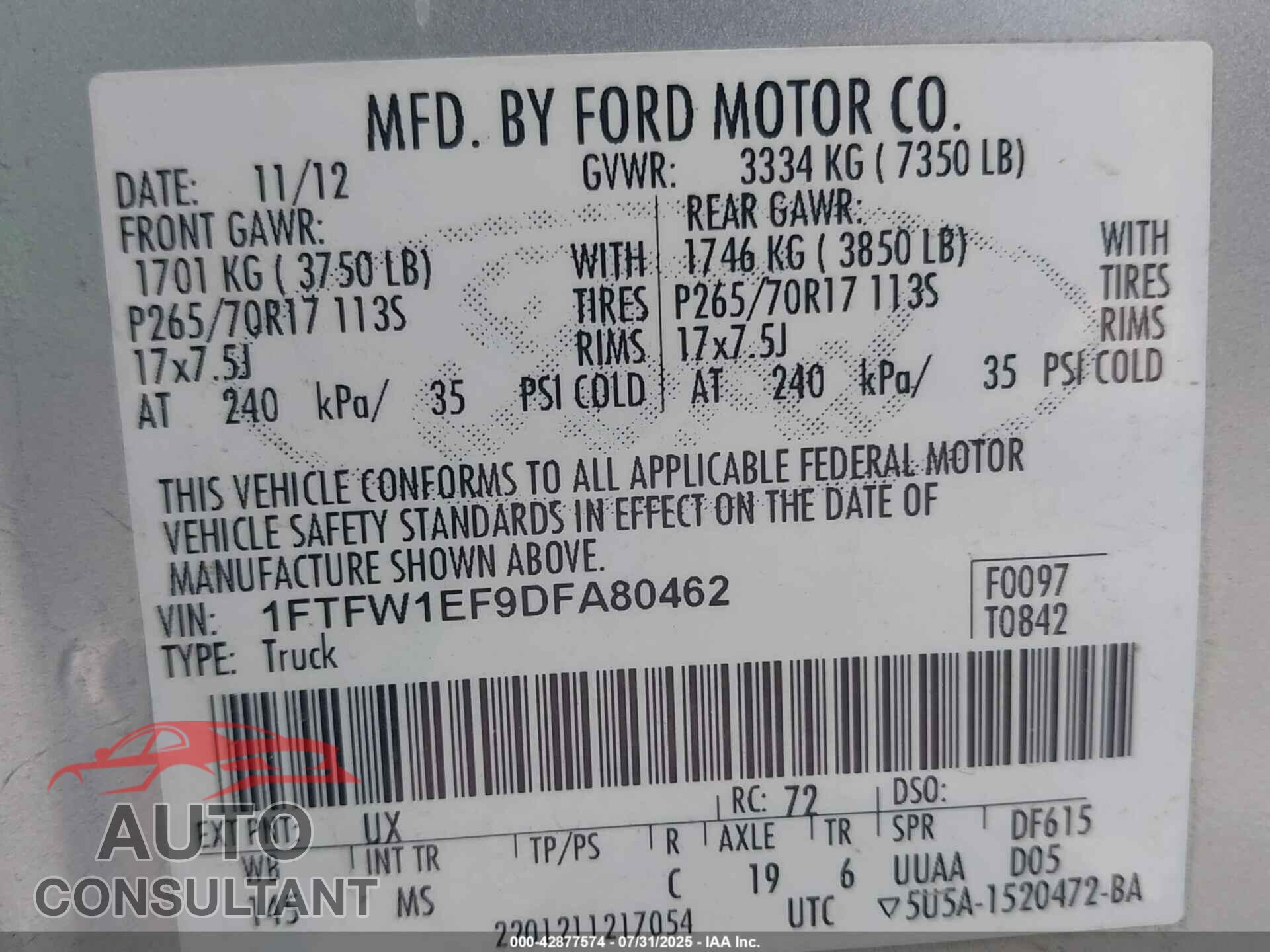 FORD F-150 2013 - 1FTFW1EF9DFA80462