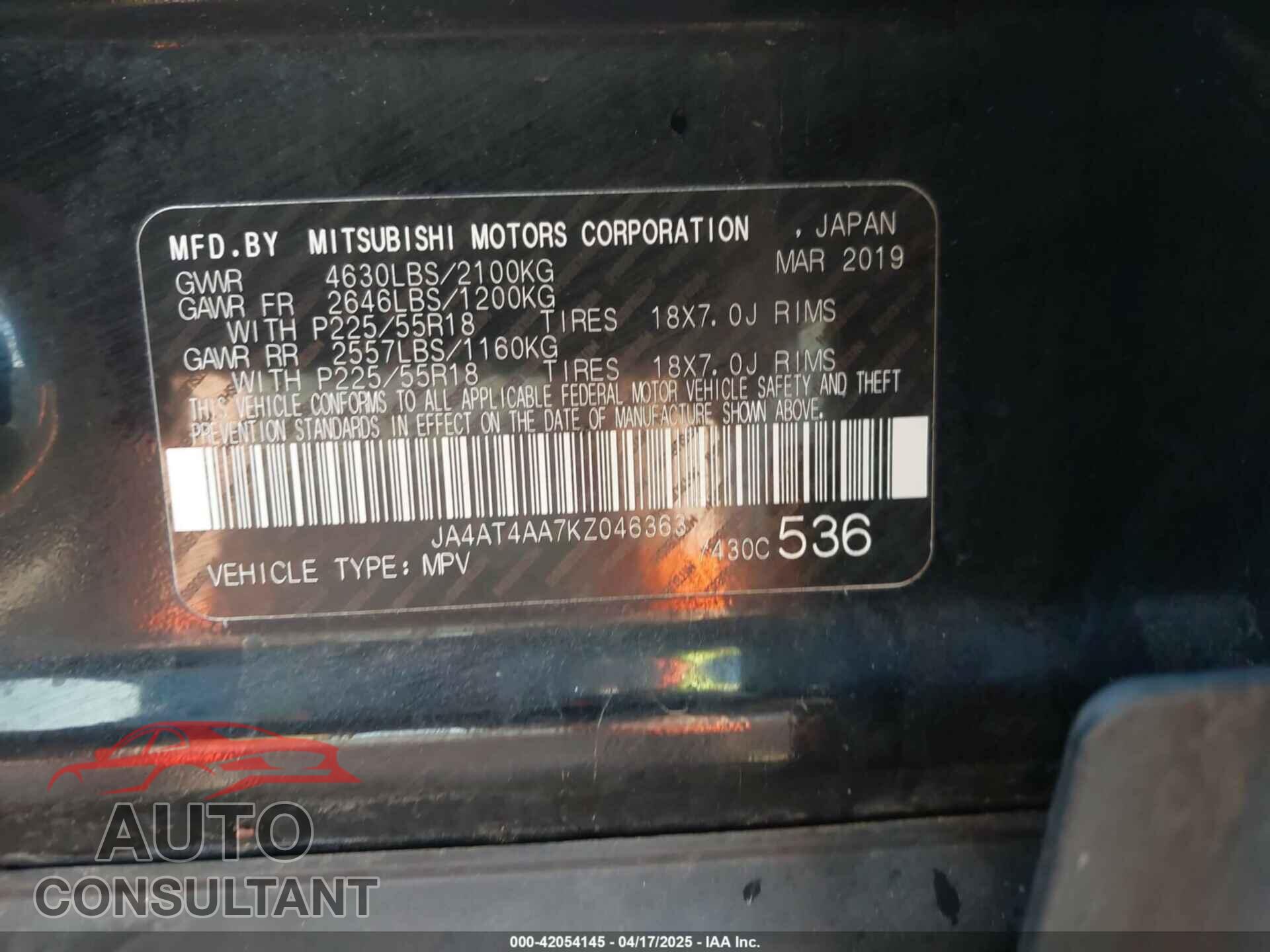 MITSUBISHI ECLIPSE CROSS 2019 - JA4AT4AA7KZ046363