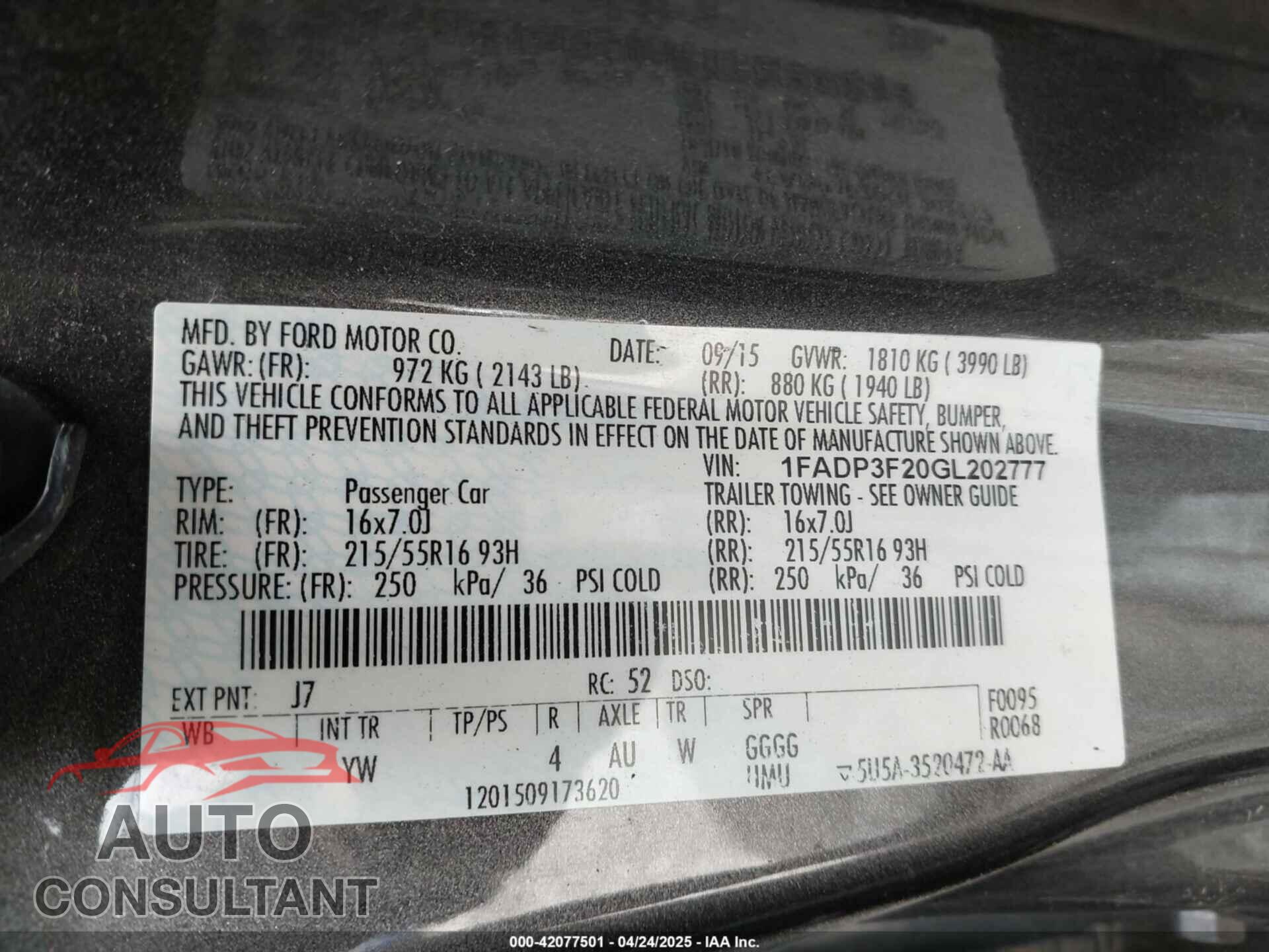 FORD FOCUS 2016 - 1FADP3F20GL202777